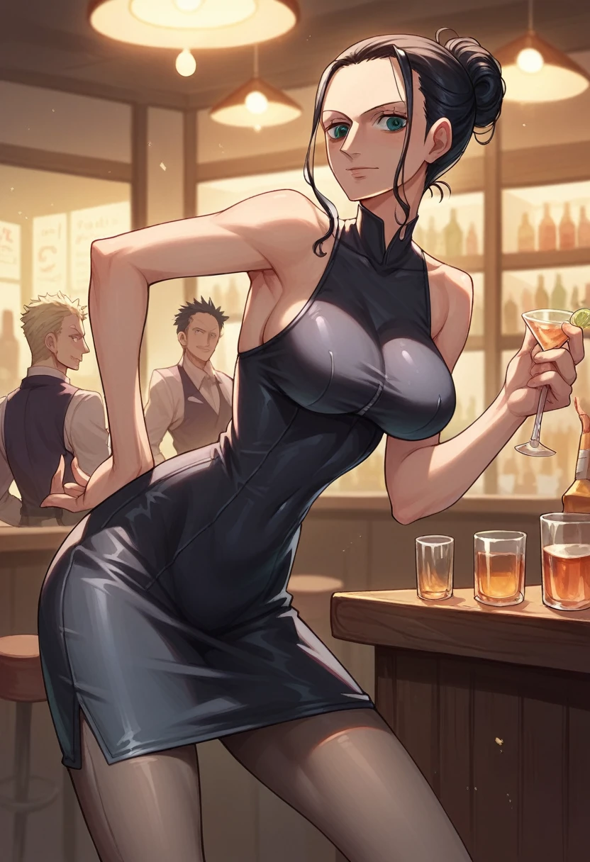1girl, art by Eiichirio Oda, nico robin, bartender uniform, in a bar, serving soft drinks, dark ambience, skin tight black dress, tied hair