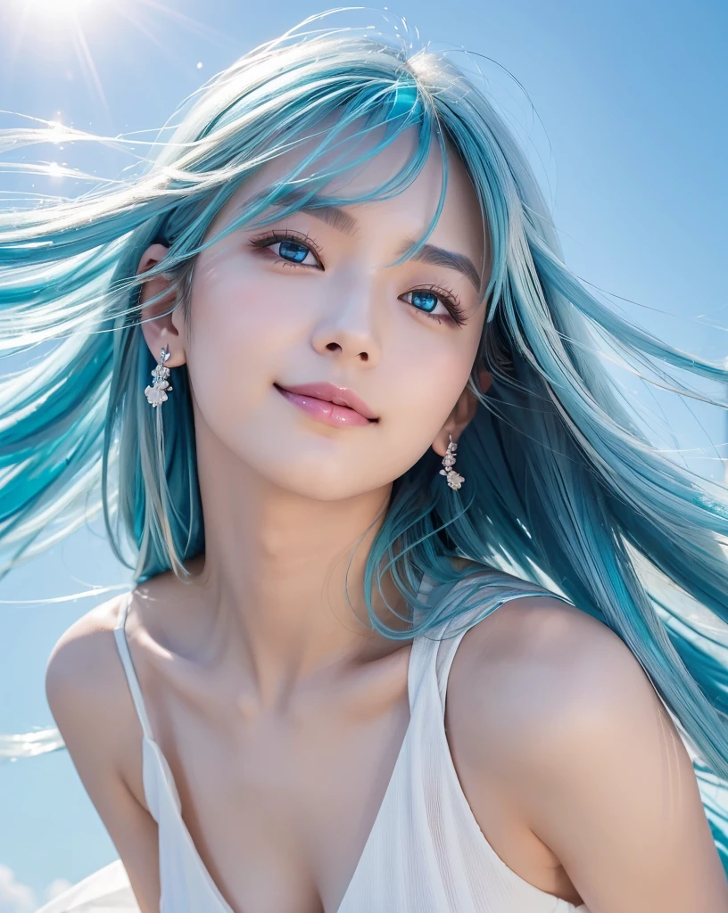 (Highest quality, 32K, High resolution, Masterpiece:1.5), marimo_jet, god々A photograph with brilliant dazzling and healing power., Evoking a sense of calm and elusive beauty, Expressing emotions, Have a rich imagination, Beautiful Japanese Girls, ((Low angle view:1.2)), An exceptionally beautiful face, Small Face Beauty, Perfect Human Anatomy, Magical big eyes, Motherhood and generosity, Deep Love, fleeting smile, ((Shiny light blue hair:1.3)), ((Beautiful long hair swaying in the wind)), Asymmetrical bangs, Hair between the eyes, Transparent, soft white skin, Sharp eyebrows, Thin lashes, Natural Makeup, Cheek highlighter, Pale pink detailed lips, (White dress:1.4), High resolutionの美しい太もも, Beautiful legs, ((Detailed blue sky background:1.3)), Professional photographer, Professional Lighting, Professional models, god秘的
