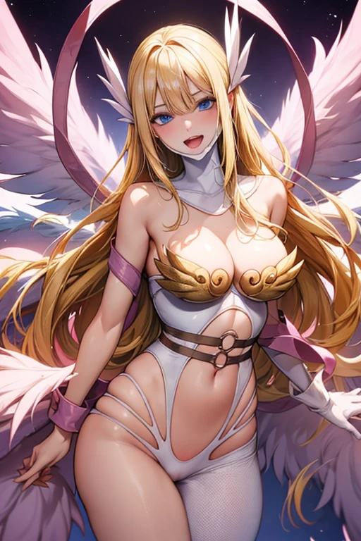 Very detailed、highest quality、Best image quality、masterpiece、8k、Anime Face、A kind smile、Open Mouth、(Blonde long hair:1.5)、big breast, sexy、 beautiful body 、Cowboy Shot, ((wings)), ((pink lingerie)), Sexual Intercourse, (((cum in pussy))),(breast milk), (blue eyes)