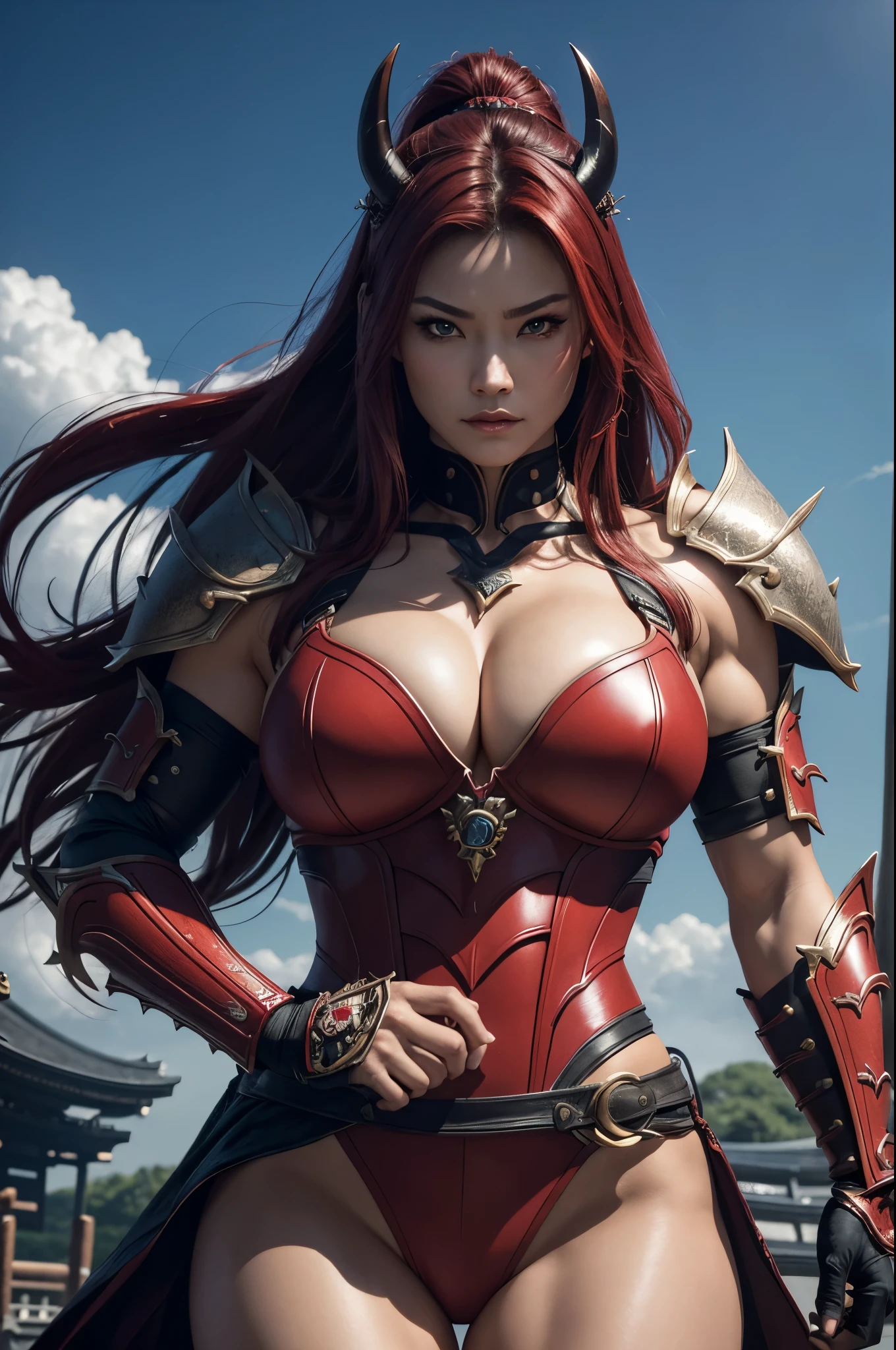 8k,(Samurai)、Devil Mask、Super Beauty(Like the real thing)、Red Armor Solo Adult Devil Woman、Muscular macho body type,Super Muscular Beauty,Bodybuilding,(Equipped with a long and large spear)、Mature Woman Big Woman Devil。Sturdy jaw(Like the real thing),Stand facing forward,Demon Armor,A wonderful work of art,((Kyoto Panel Style))、Wind effects:1.9、Cloud effect:1.2、Full Rendering,Devil makeup,masterpiece,Photorealistic RAW photos of the highest quality。Bright colors,Rich colors, Backlight, Cinema Lighting, Film Grain, 50mm lens, Nikon D850,Ultra-Realistic Skin,Fantasy art,Character Art,Ultra-high resolution,Realistic scale skins,Perfect hand shape,View your viewers,View your viewers,Top-down view,close,Uplifting,Dynamic fighting pose,Sexy chest,Cleavage close-up,