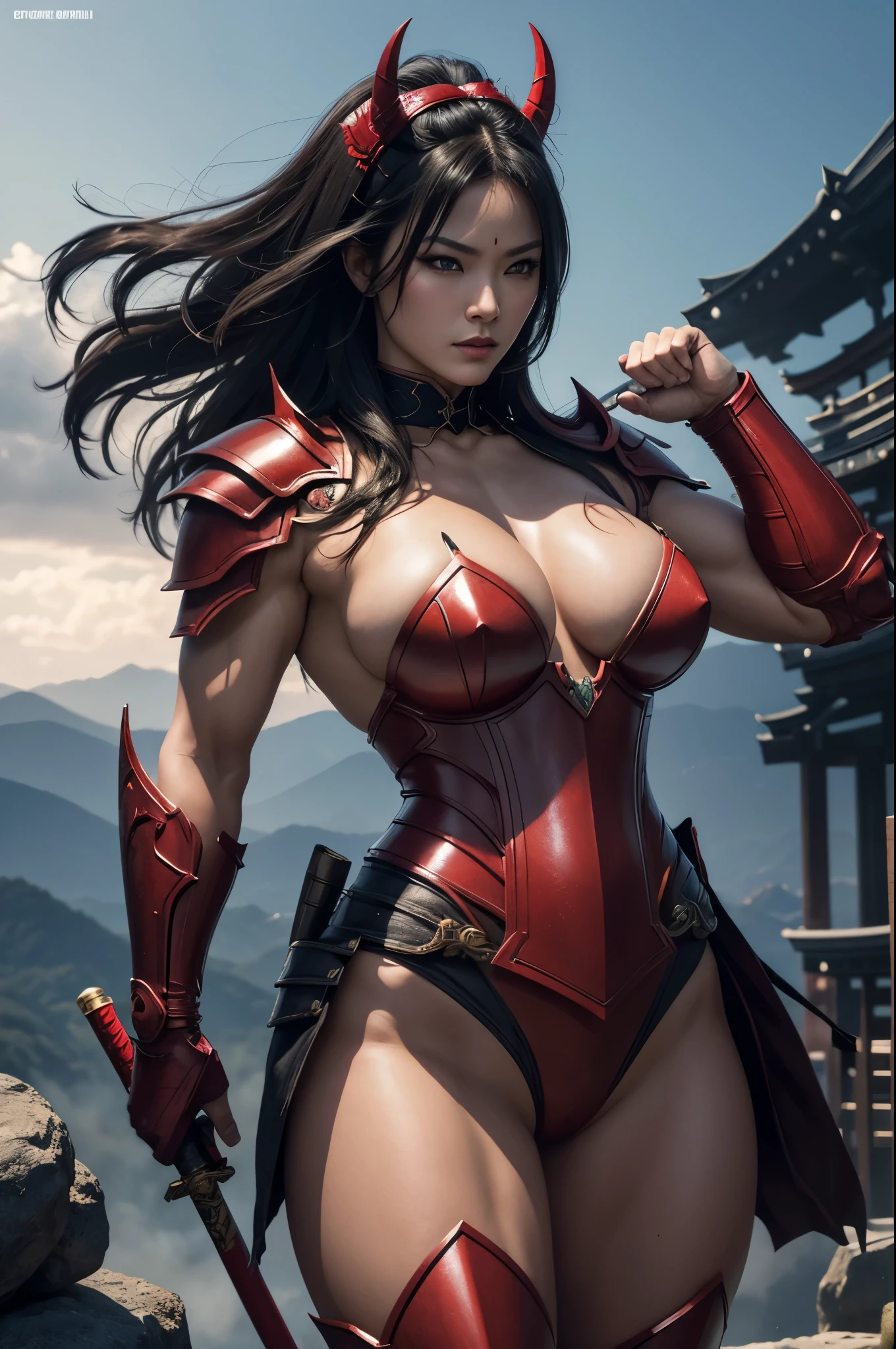 8k,(Samurai)、Devil Mask、Super Beauty(Like the real thing)、Red Armor Solo Adult Devil Woman、Muscular macho body type,Super Muscular Beauty,Bodybuilding,(Equipped with a long and large spear)、Mature Woman Big Woman Devil。Sturdy jaw(Like the real thing),Stand facing forward,Demon Armor,A wonderful work of art,((Kyoto Panel Style))、Wind effects:1.9、Cloud effect:1.2、Full Rendering,Devil makeup,masterpiece,Photorealistic RAW photos of the highest quality。Bright colors,Rich colors, Backlight, Cinema Lighting, Film Grain, 50mm lens, Nikon D850,Ultra-Realistic Skin,Fantasy art,Character Art,Ultra-high resolution,Realistic scale skins,Perfect hand shape,View your viewers,View your viewers,Top-down view,close,Uplifting,Dynamic fighting pose,Sexy chest,Cleavage close-up,