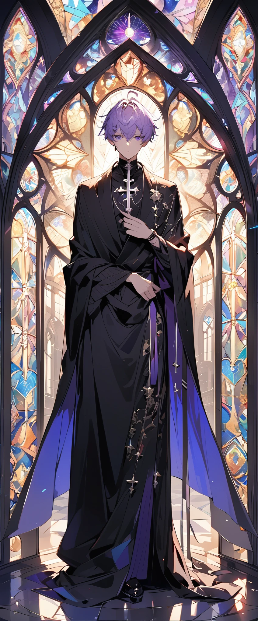 shiny hair, Helios halo, Holy, Church stained glass windows, Symmetrical structure, whole body, individual, Wrapped in a long black robe, Simple, Silver cross on chest, male, purple eyes, Cool, peaceful, thinking, short hair, Light purple hair

, The whole body is wrapped, Neoclassicism, Gothic art, Classicism, photomosaic, photomosaic, drop shadow, god rays, Classical color scheme

, British retro color, UHD, anatomically correct, super detail, textured skin, textured skin
