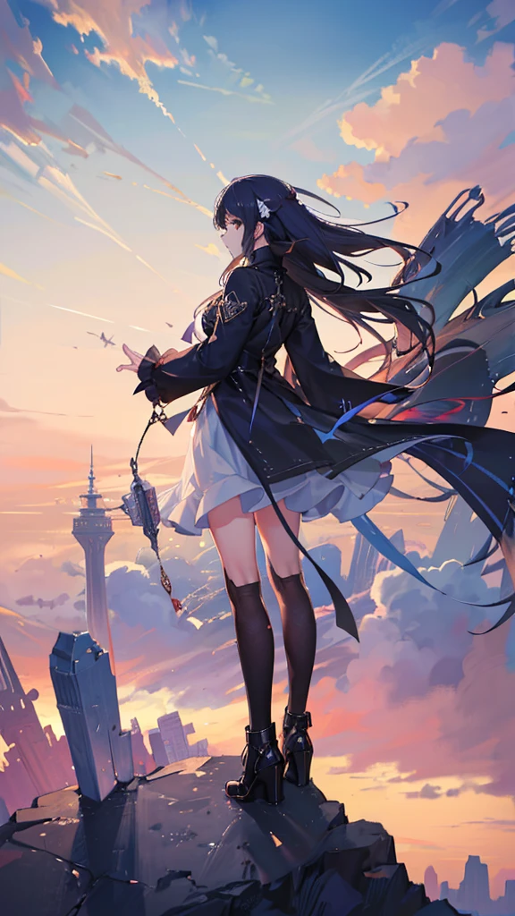 absurdres, highres, (official art, beautiful and aesthetic:1.2), close view,
shining sky, vast world, girl, gazing, awe-inspiring expression, distant horizon, clouds, high hill, natural beauty, inspiration, light effects,