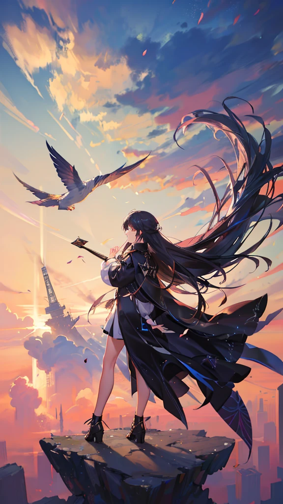 absurdres, highres, (official art, beautiful and aesthetic:1.2), close view,
shining sky, vast world, girl, gazing, awe-inspiring expression, distant horizon, clouds, high hill, natural beauty, inspiration, light effects,