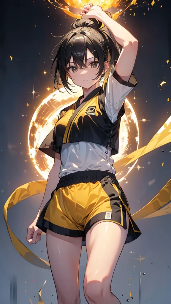 Yellow and black shorts and jersey、Black hair ponytail、boyish、karate、Aliang々Wood Fire