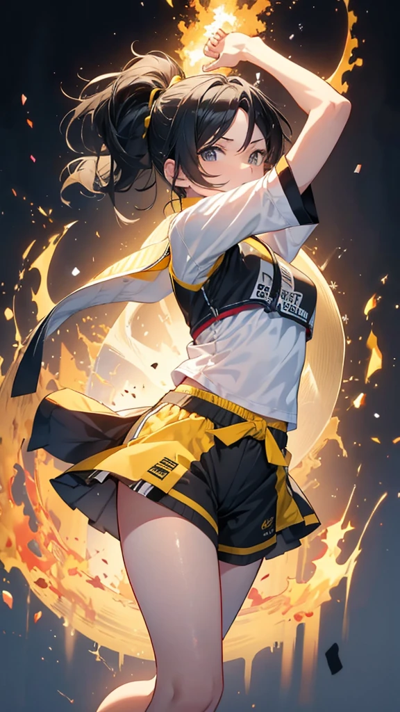 Yellow and black shorts and jersey、Black hair ponytail、boyish、karate、Aliang々Wood Fire