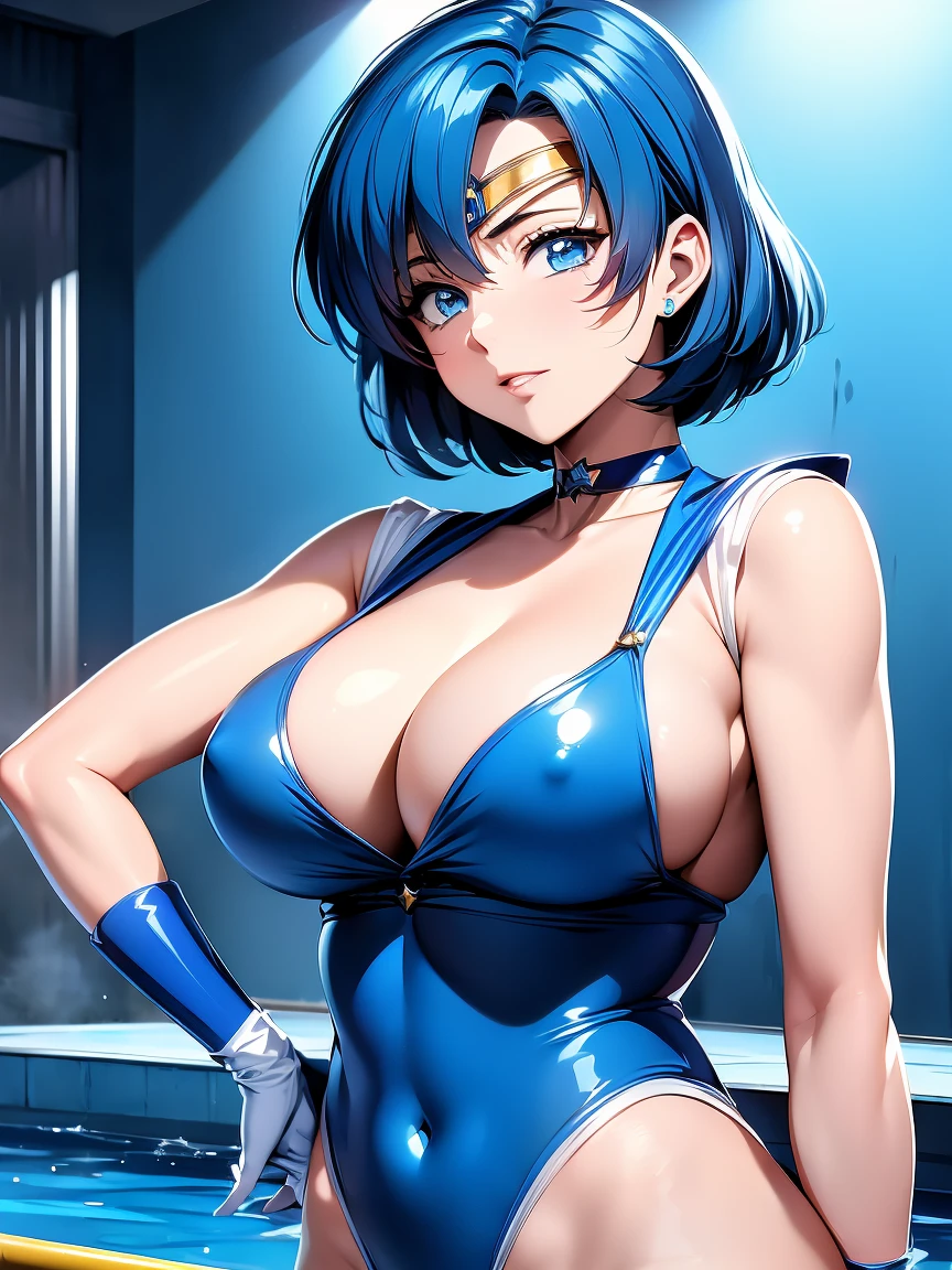 Sailor Mercury in police uniform,Long Blue Hair,blue power ranger, Hurricane ,セクシーなゴス女性のLarge Breasts, Character Sheet,In the pool,High resolution, Large Breasts, The leotard is see-through and reveals skin.