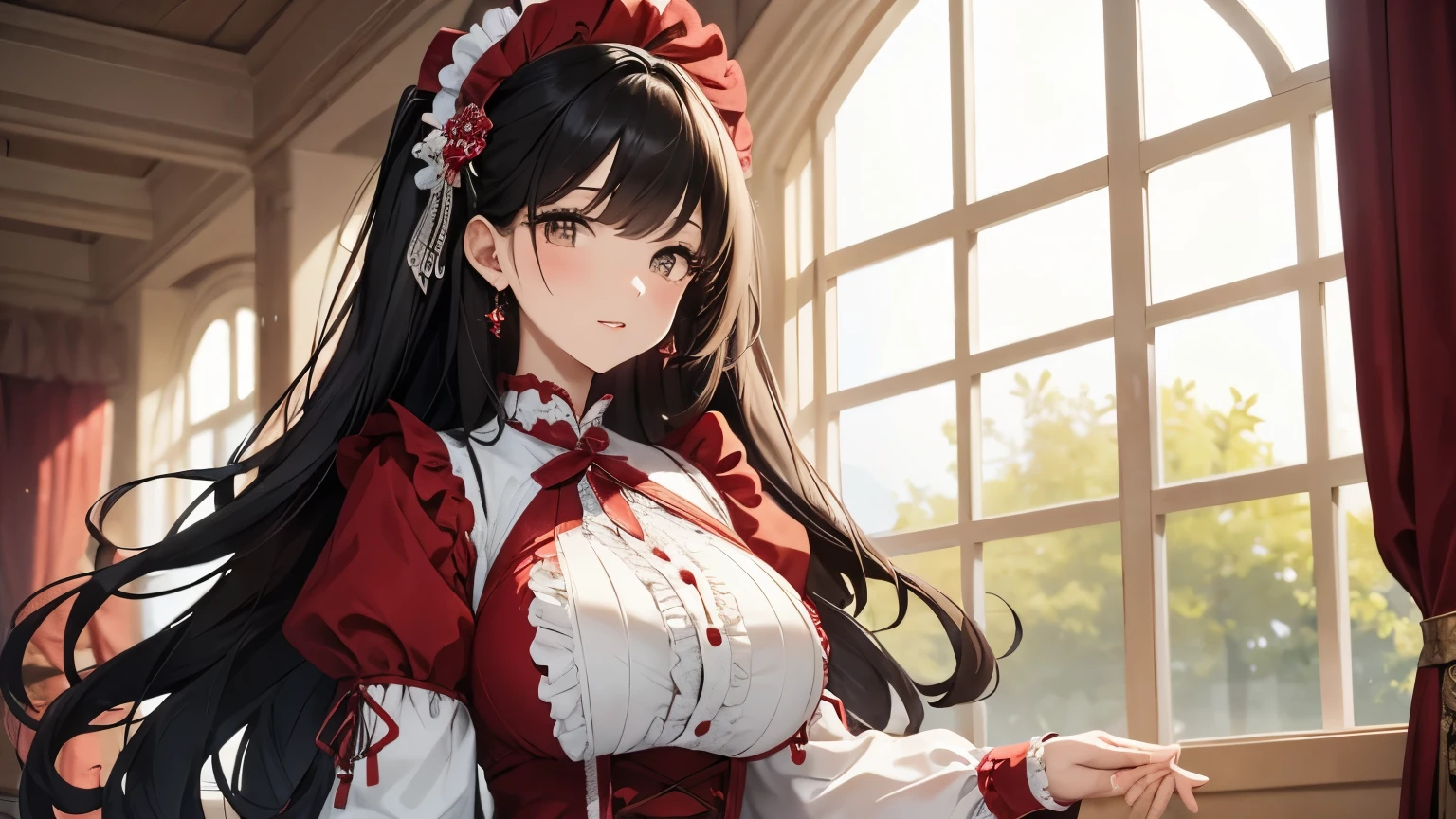 A beautiful woman wearing a red and white long puff-sleeved dress with lots of ruffles and lace Long black hair with hair ornament Upper Body lipstick Big Breasts