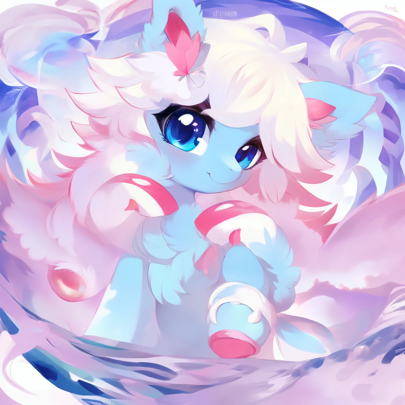 rating_safe, score_9, fluffy, feral pegasus pony, male,round cute face，Transparent blue body， White mane，Soft and delicate short hair，温柔的Blue Eyes，Blue Eyes，Smile。whole body，grace。young，Delicate。Standing picture, Ray Tracing。whole body。Standing。White background,whole body立绘。Drop ears