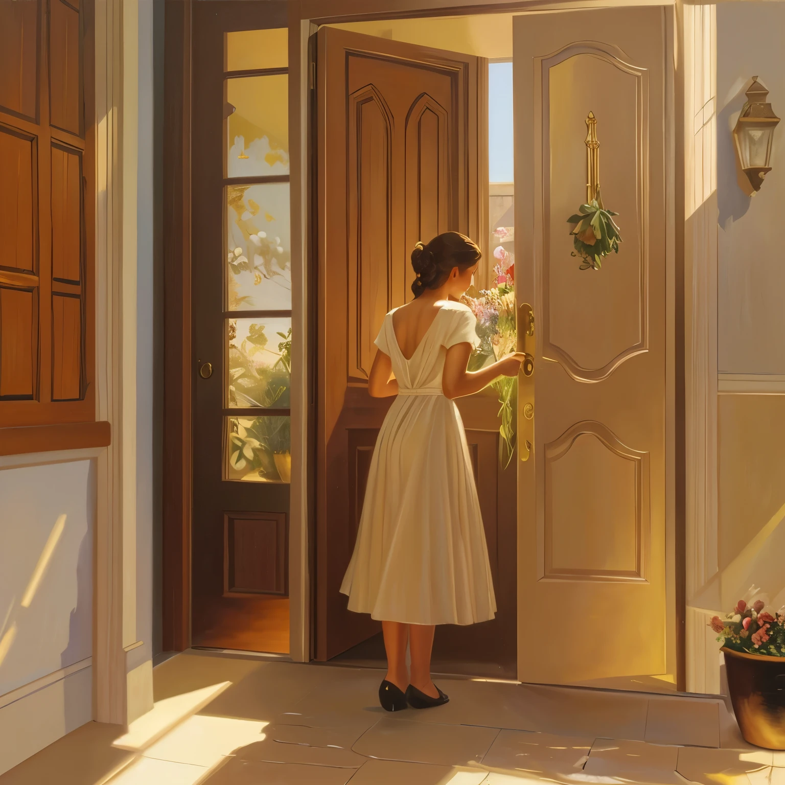 painting of a woman opening a door with a bouquet of flowers, opening door, open door, about to enter doorframe, summer morning light, summer afternoon, looking in front, magical realist, clean elegant painting, secret entrance, summer light, summer morning, beautiful realistic painting, in the early morning, evening light, afternoon light, summer evening, david ligare masterpiece