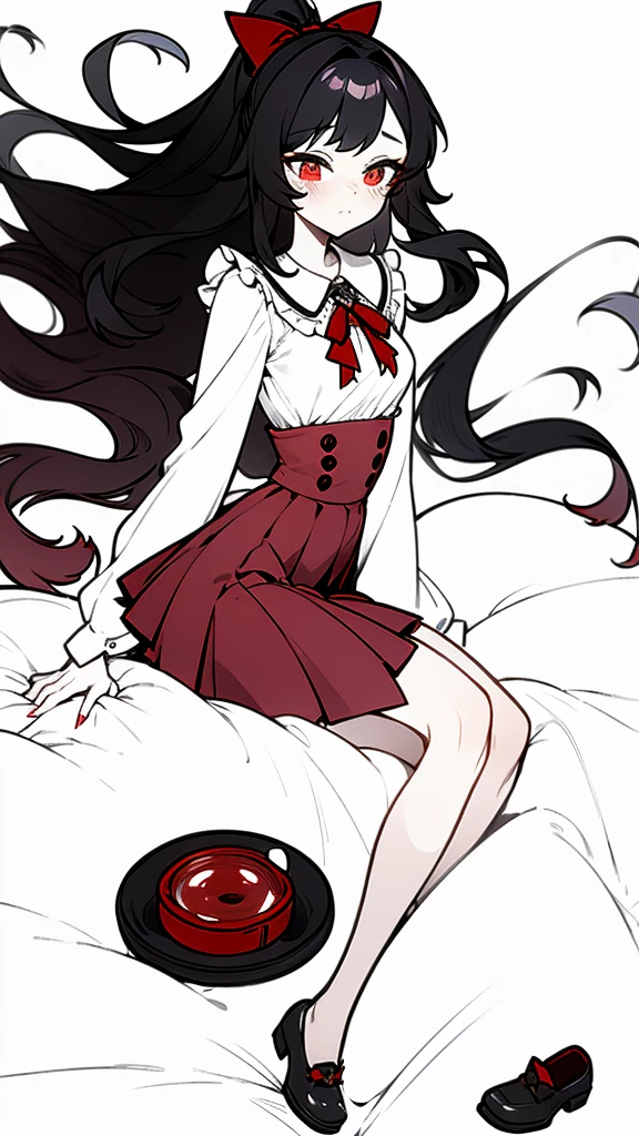 using pantimedies, wavy black hair, piercing look with deep red eyes, average stature, Silky hair with a ponytail hairstyle collected with a red bow with two white lines, with clothes, has a vagina, has breasts, cup of breasts, small breasts, slim, foreground, Session, sitting in her room, sitting on the floor of her room, wearing pantyhose, using pantimedies, Picardias, short skirt, shoes, blouse with straps, blush, opening her legs making her panties visible, open legs, perfect white panty, Skirt fluttering in the wind, grabbing the skirt with both hands 
