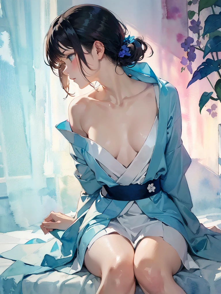 {(masterpiece,best quality, 8K UHD, extremely detailed CG, detailed beautiful face and eyes and skin and hair),(beautiful like picture:1.1)},{(watercolor image:1.2),sketch,bright colors overall,gentle color},{Simple configuration:1.1}, {light blue backgroundl:1.4},{erotic face,anguish,(painful:1.1),(very very ecstasy:1.2),(writhing:1.4),embarrassing}, {solo girl,yukata,(open clothes:1.2),(Show shoulders:1.4),profile},{Floral,Taisho romance}