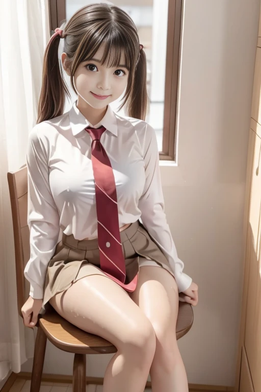 Japanese Girls、、Short Twin Tails、bangs、Brown eyes、Perfect figure、Transparency、Gloss、Attractive breasts、、Pink tie、White shirt、Red Skirt、Hirotake mushroom、Burning Body、Burning idol pose、Light blue wall、Beautiful feet、Strong sunlight、dirty、雨にWet体、Wet,Sitting in a chair、I can see your thighs、smile