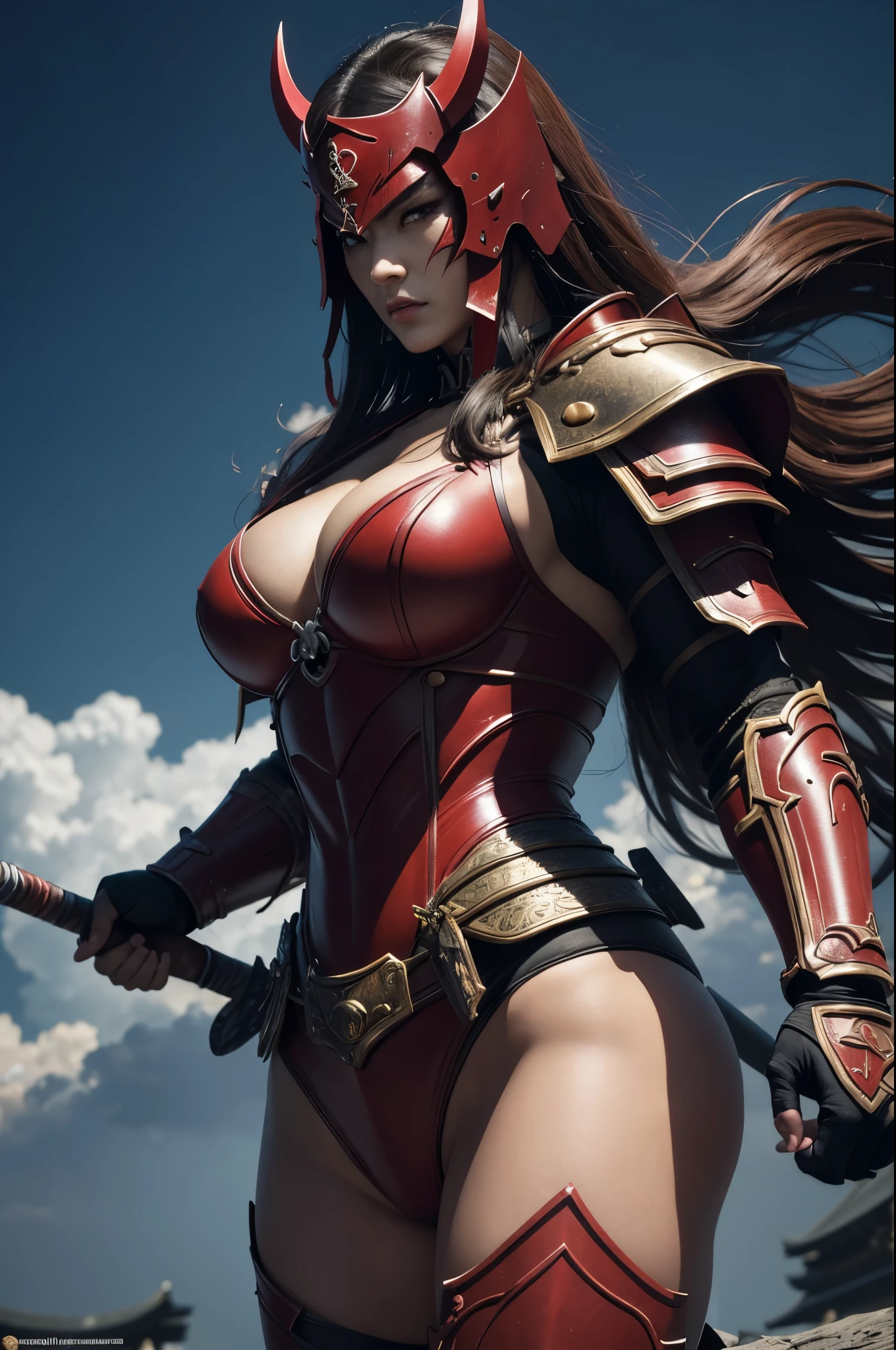 8k,(Samurai)、Devil Mask、Super Beauty(Like the real thing)、Red Armor Solo Adult Devil Woman、Muscular macho body type,Super Muscular Beauty,Bodybuilding,(Equipped with a long and large spear)、Mature Woman Big Woman Devil。Sturdy jaw(Like the real thing),Stand facing forward,Demon Armor,A wonderful work of art,((Kyoto Panel Style))、Wind effects:1.9、Cloud effect:1.2、Full Rendering,Devil makeup,masterpiece,Photorealistic RAW photos of the highest quality。Bright colors,Rich colors, Backlight, Cinema Lighting, Film Grain, 50mm lens, Nikon D850,Ultra-Realistic Skin,Fantasy art,Character Art,Ultra-high resolution,Realistic scale skins,Perfect hand shape,View your viewers,View your viewers,Top-down view,close,Uplifting,Dynamic fighting pose,Sexy chest,Cleavage close-up,