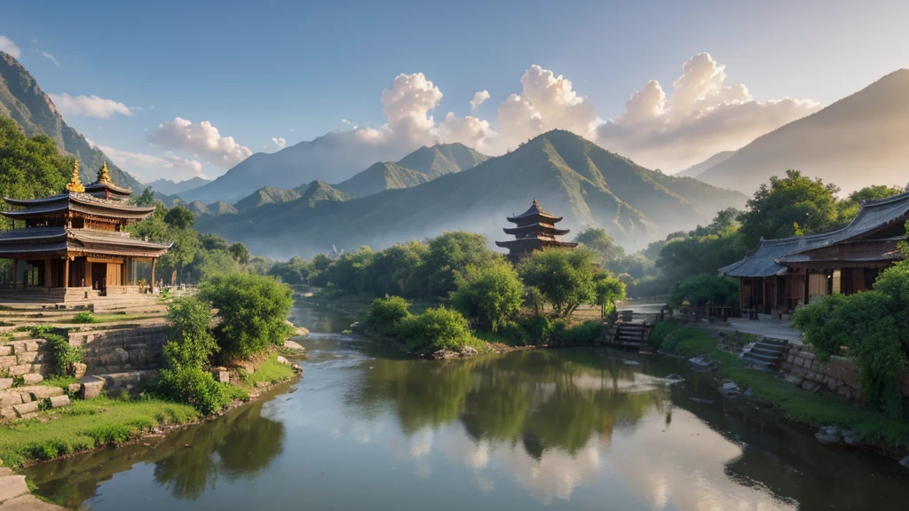 Natural beauty, Indian ancient village. The Stream. cloud, Temple. View from the air, mystical beauty, 8k