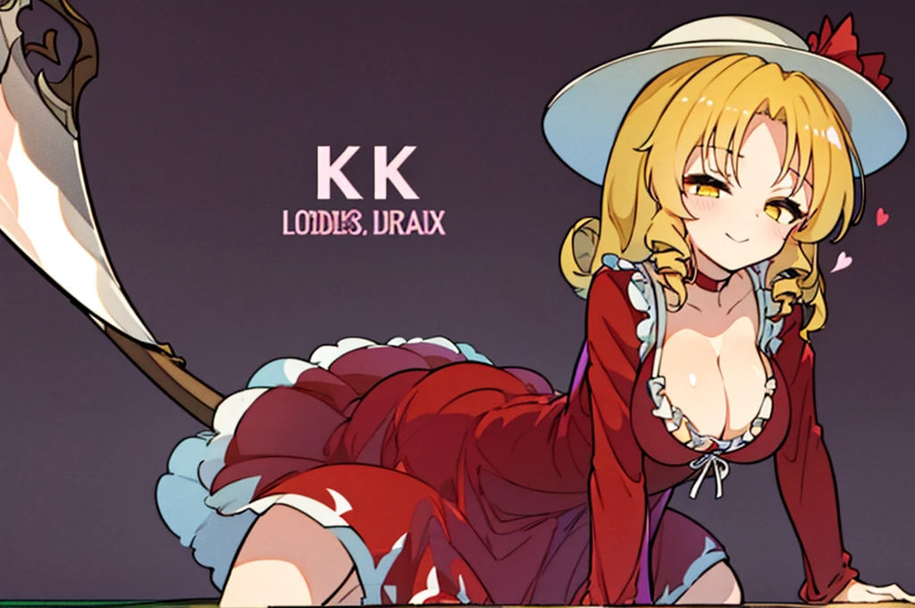 a drawing of an anime character in a red dress and boots with a large scythe, ((high end)), (UHD picture), (best quality,4k,8k,highres,masterpiece:1.2), top-quality(​masterpiece), top-quality, ultra-detailed, highly detailed texture, intricate details, high quality textures, masterpiece, best quality, perfect quality, perfect anatomy, perfect body, perfect symmetrical face, 1 beautiful girl, 1 girl, alone, solo, , , (((loli))), ((cish)), hat, white hat, blonde hair, long hair, parted bangs, drill hair, well-formed face, yellow eyes, maxi dress, red dress, dress, long sleeves, frills, long skirt, simple background, scythe, holding scythe, holding, white socks, smile, cute face, beautiful, holding scythe, from behind, to lift up one’s skirt, cowboy shot, from front, standing , raise one leg, crossed arms, arms up behind, arms behind back, hand between legs, put hands hip, one hand on hip, forward hands, arms raised in the air, punch hands, peace sign, waving, put up index finger, sit, lie down, closed eyes, lie face down, looking back, put one hand chest, leaning forward, cleavage, close up, horizontally outstretched arms, horizontally outstretched legs, front view, front face, huge breasts for short stature, cleavage is clearly visible ,G-Cup, heart hands
