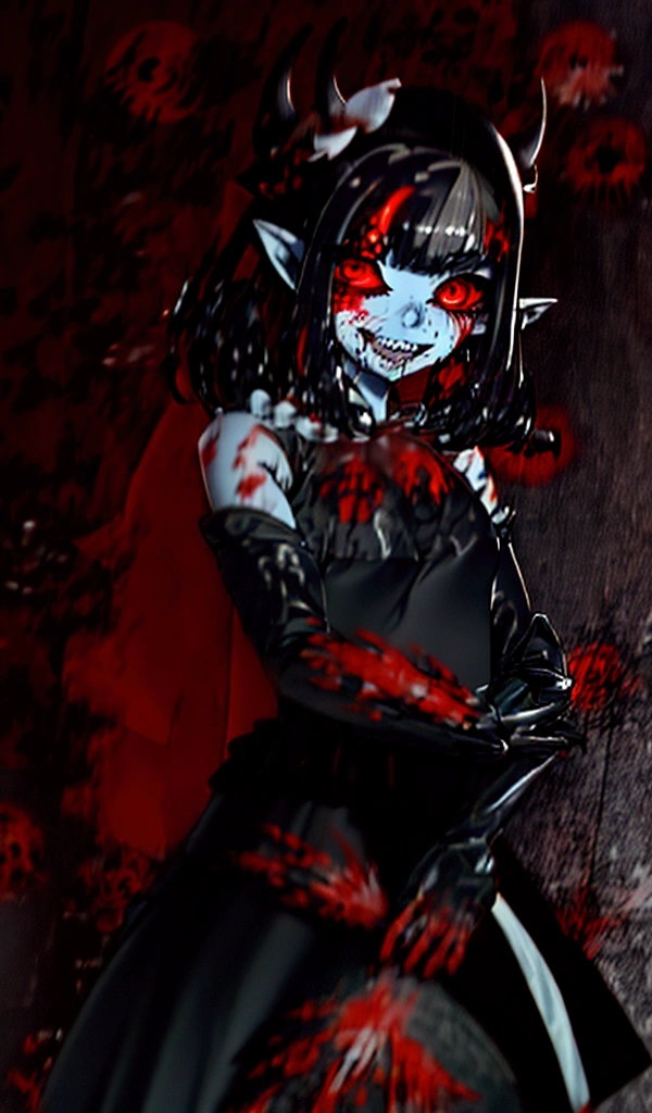 (Highest quality,4K,High resolution,masterpiece:1.2),Very detailed,Realistic:1.37,Spooky altar background,Dark fantasy,Red color scheme,Ominous atmosphere,Eye-catching,Storytelling,anatomy,Anime Style,Concept Art,beautiful細部までこだわった顔と (((Red eyes ))),A terrifying ritual ,Satanic Ritual,Premature death,inappropriate behavior,クレイジーなsmile,Scythe Face,Girl Monster, beautiful, Delicate facial features, Sharp Eye, Sharp Fangs, pale skin, Thick chain, Dark Background, Cinema Lighting, Dramatic Shadows, Gothic style, Gloomy atmosphere, Dark fantasy, One Girl, , Please open your mouth wide, Open your mouth and baring your teeth,Sharp teeth like a beast, Wide lips, very wide mouth, Vermilion cheeks, ,(Blood splatter:1.4),Scary smile, smile,Fallen angel design, Twisted smile、Bloody、bleeding from the head,,,,,、Blood splatter、,(Blood splatter:1.4),Crossbones, skull,Horror Style, ((Fantasy Fallen Angel Costume)), ((Flowing black hair)), ,(Blood splatter:1.4),Female curves, Sexy flat stomach, Perfect hands, Perfect anime face, ((White ta Dress)), Are standing, ((邪悪なsmile)), ,(Blood splatter:1.4), Steam circulates, Moonlight Illumination, night lighting, disaster々new devil horns,,(Blood splatter:1.6),アニメFallen angel design, Twisted smile、Bloody、bleeding from the head,,,,,、Blood splatter、,(Blood splatter:1.4),Crossbones, skull,Gothic architecture、Western architecture、Fantasy World、,Victorian cities, Skeleton Gas Light,Absurd, High resolution、 ((Tabletop)), ((Highest quality)), (Very detailedな), ((Very detailed)), (beautiful), ((pretty girl)), (NFSW:1.8), alone,(10 y)、(world'The most terrifying and creepy demon girl:1.5)beautiful face、Whole Body Ezbian、pale, Beautiful Skin、beautiful黒の髪、Smiling Kindly、Dark building ruins、(snow white'Frill dress:1.3)、(The dark ruins are stained with blood:1.3)、Low angle full body shot、(少女は血の海の中にAre standing:1.5)、(The ground is full of blood:1.3)、(The girl lost a lot of blood...:1.3)、)、(クレイジーなsmile:1.6)、Spirits、(Blood dripping from the mouth:1.3)
