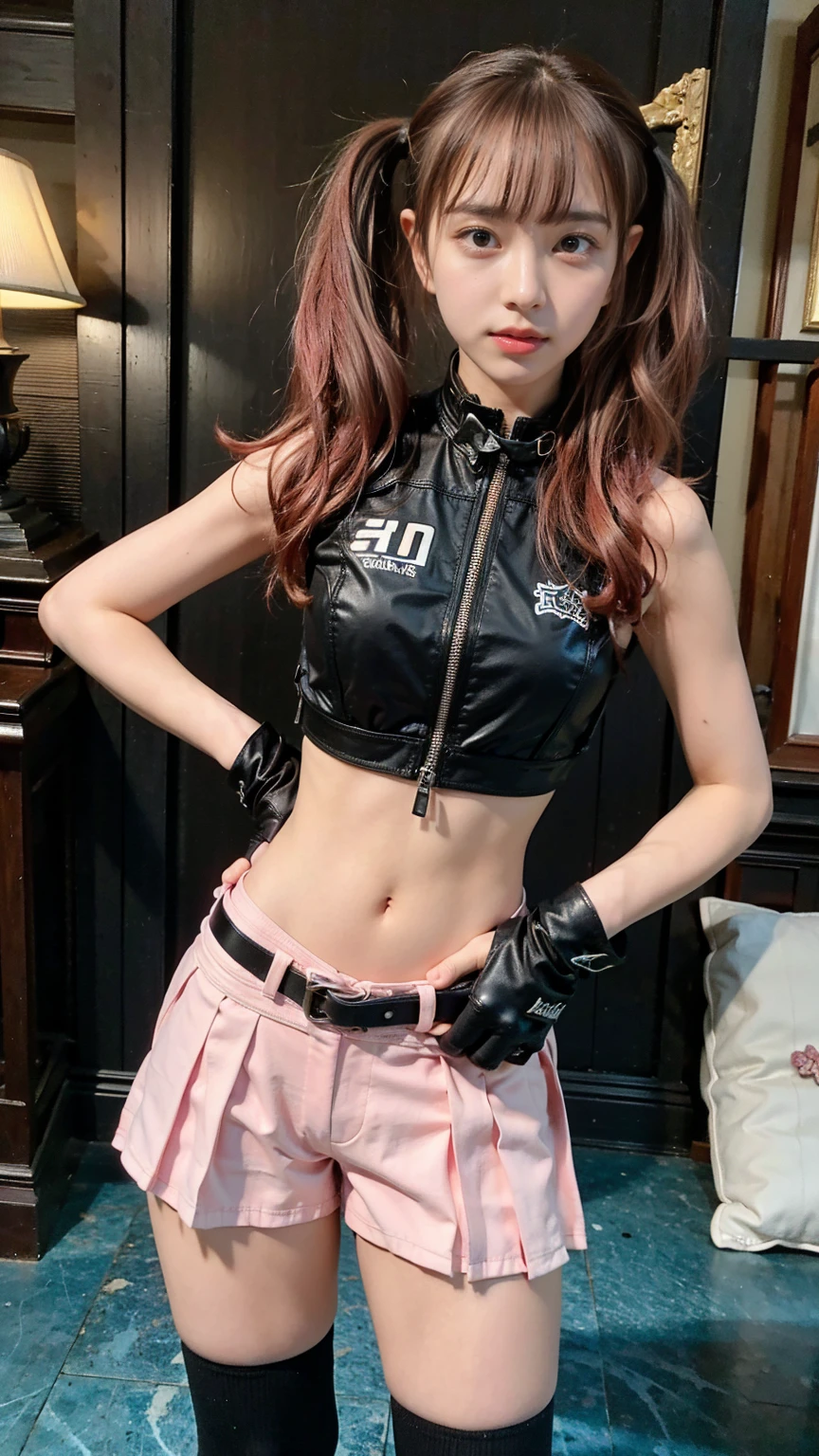 (8k、RAW Photos、Highest quality、masterpiece:1.2)、(Highest quality、Realistic)、1 girl、((Pink and black、belly button、Fancy ponytail、Pink Hair、ガーターbelt、Arm Covers、Shorts、tights、gloves、belt、ribbon、See through、Thin legs、whole body、boots、Night stage、View from the front、Looking into the camera、Stand with hands on hips))、cute