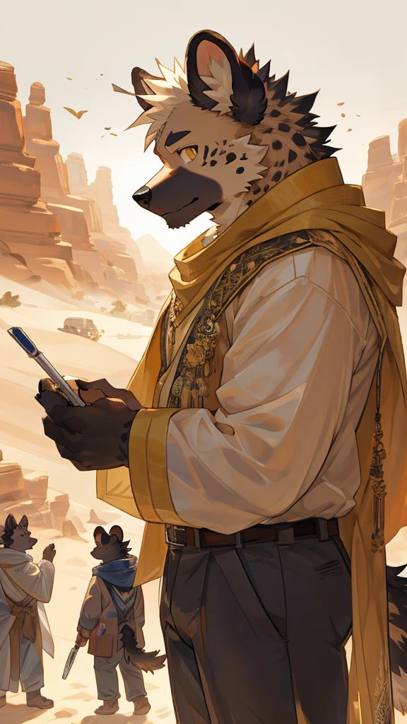 masterpiece，high quality，perfect anatomy，furry，anthro hyena，male， niji5，golden pupils，wear grey pants，wear the yellow cloak，at noon，sunny day，bright eyes，full body，in the desert，detailed face，by kiyosan，close up face