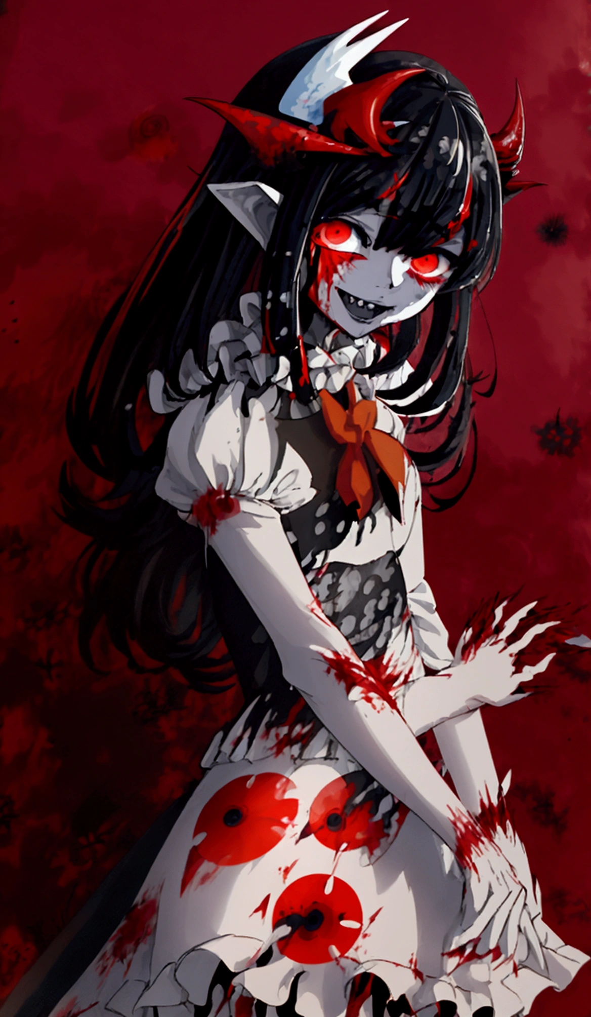 (Highest quality,4K,High resolution,masterpiece:1.2),Very detailed,Realistic:1.37,Spooky altar background,Dark fantasy,Red color scheme,Ominous atmosphere,Eye-catching,Storytelling,anatomy,Anime Style,Concept Art,beautiful細部までこだわった顔と (((Red eyes ))),A terrifying ritual ,Satanic Ritual,Premature death,inappropriate behavior,クレイジーなsmile,Scythe Face,Girl Monster, beautiful, Delicate facial features, Sharp Eye, Sharp Fangs, pale skin, Thick chain, Dark Background, Cinema Lighting, Dramatic Shadows, Gothic style, Gloomy atmosphere, Dark fantasy, One Girl, , Please open your mouth wide, Open your mouth and baring your teeth,Sharp teeth like a beast, Wide lips, very wide mouth, Vermilion cheeks, ,(Blood splatter:1.4),Scary smile, smile,Fallen angel design, Twisted smile、Bloody、bleeding from the head,,,,,、Blood splatter、,(Blood splatter:1.4),Crossbones, skull,Horror Style, ((Fantasy Fallen Angel Costume)), ((Flowing black hair)), ,(Blood splatter:1.4),Female curves, Sexy flat stomach, Perfect hands, Perfect anime face, ((White ta Dress)), Are standing, ((邪悪なsmile)), ,(Blood splatter:1.4), Steam circulates, Moonlight Illumination, night lighting, disaster々new devil horns,,(Blood splatter:1.6),アニメFallen angel design, Twisted smile、Bloody、bleeding from the head,,,,,、Blood splatter、,(Blood splatter:1.4),Crossbones, skull,Gothic architecture、Western architecture、Fantasy World、,Victorian cities, Skeleton Gas Light,Absurd, High resolution、 ((Tabletop)), ((Highest quality)), (Very detailedな), ((Very detailed)), (beautiful), ((pretty girl)), (NFSW:1.8), alone,(10 y)、(world'The most terrifying and creepy demon girl:1.5)beautiful face、Whole Body Ezbian、pale, Beautiful Skin、beautiful黒の髪、Smiling Kindly、Dark building ruins、(snow white'Frill dress:1.3)、(The dark ruins are stained with blood:1.3)、Low angle full body shot、(少女は血の海の中にAre standing:1.5)、(The ground is full of blood:1.3)、(The girl lost a lot of blood...:1.3)、)、(クレイジーなsmile:1.6)、Spirits、(Blood dripping from the mouth:1.3)