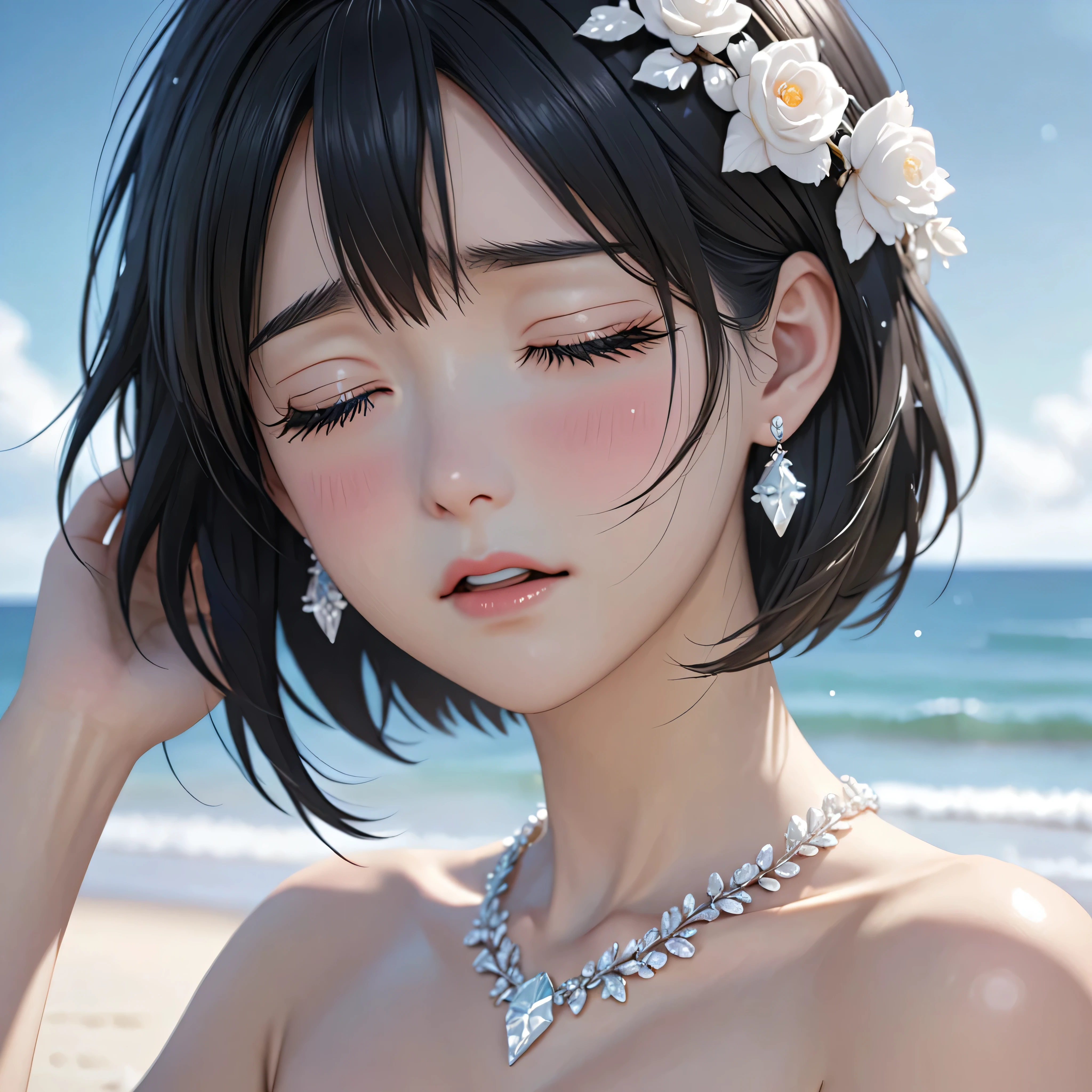 National Science Foundation,masterpiece,High resolution,8k,Art,digit,Three-dimensional,Realism,Kyoto Animation Style,your name movie style,looking into camera,cute,On the scenic beach,(1 girl: 1.3),(alone: 1.4),(Upper body nudity),Put your hands behind your head,White rose crown,white crystal necklace,White crystal earrings,Black hair,Long eyelashes,Slender legs,Short Bob,Close-up of upper body,Close-up,(A Closer Look),Eyes as deep as the starry sky,Close your eyes,shy,blush,pain,sad,sad,cry,Tears,open mouth