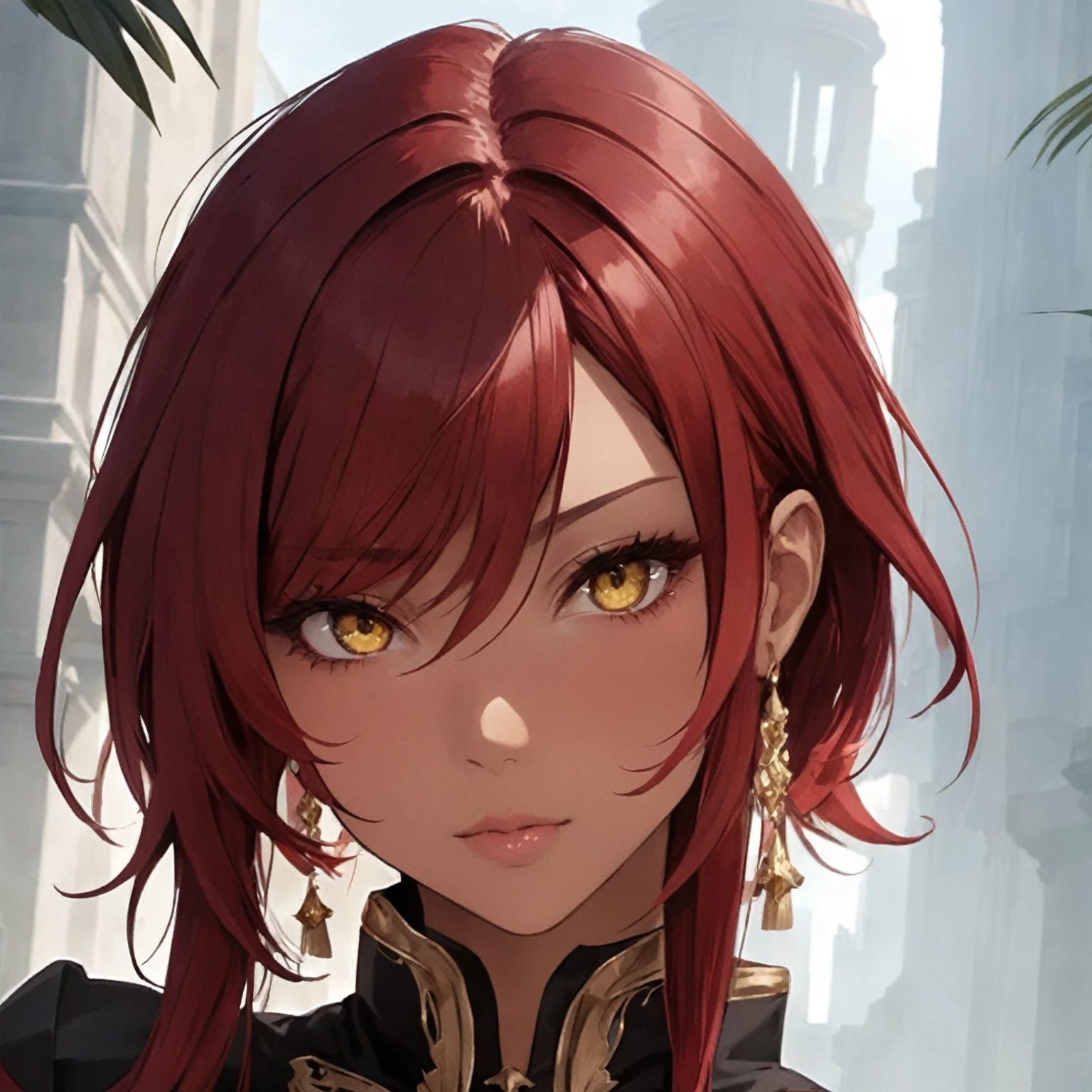 masterpiece, best quality, good quality, Fantasy Aesthetic, Highly detailed, shadowverse style, female, short hair, red hair, yellow eyes, brown skin