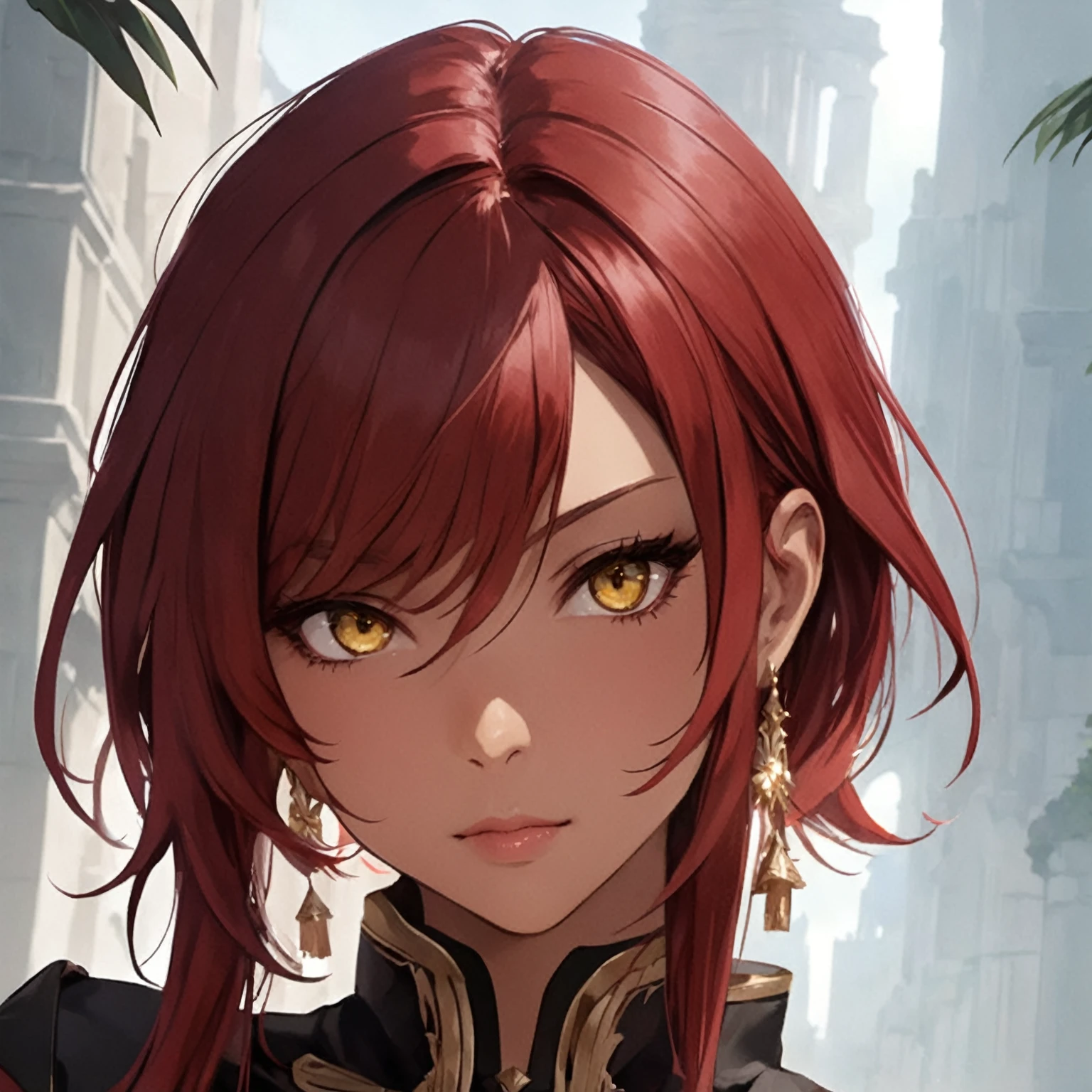 masterpiece, best quality, good quality, Fantasy Aesthetic, Highly detailed, shadowverse style, female, short hair, red hair, yellow eyes, brown skin