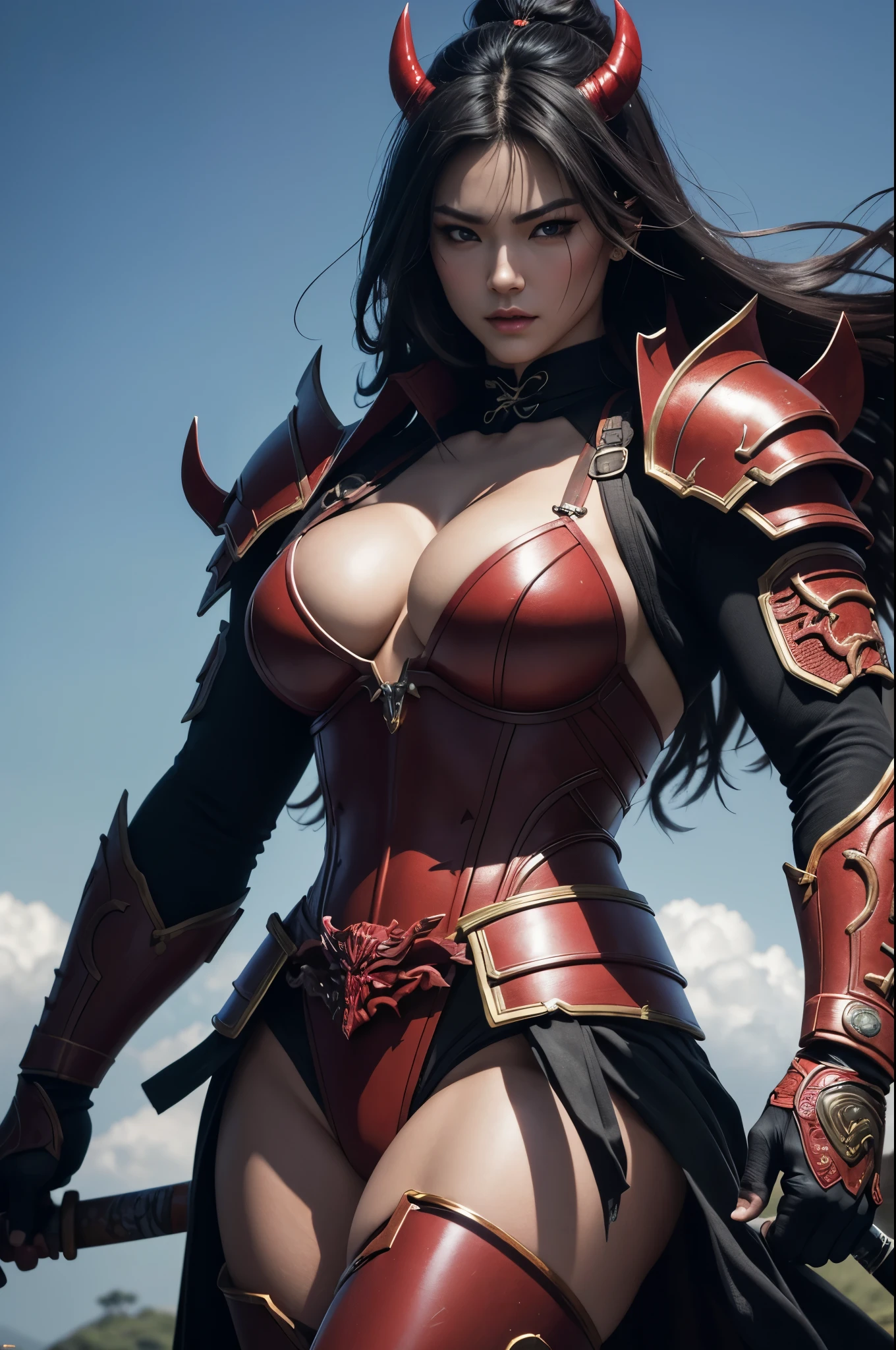 8k,(Samurai)、Devil Mask、Super Beauty(Like the real thing)、Red Armor Solo Adult Devil Woman、Muscular macho body type,Super Muscular Beauty,Bodybuilding,(Equipped with a long and large spear)、Mature Woman Big Woman Devil。Sturdy jaw(Like the real thing),Stand facing forward,Demon Armor,A wonderful work of art,((Kyoto Panel Style))、Wind effects:1.9、Cloud effect:1.2、Full Rendering,Devil makeup,masterpiece,Photorealistic RAW photos of the highest quality。Bright colors,Rich colors, Backlight, Cinema Lighting, Film Grain, 50mm lens, Nikon D850,Ultra-Realistic Skin,Fantasy art,Character Art,Ultra-high resolution,Realistic scale skins,Perfect hand shape,View your viewers,View your viewers,Top-down view,close,Uplifting,Dynamic fighting pose,Sexy chest,Cleavage close-up,