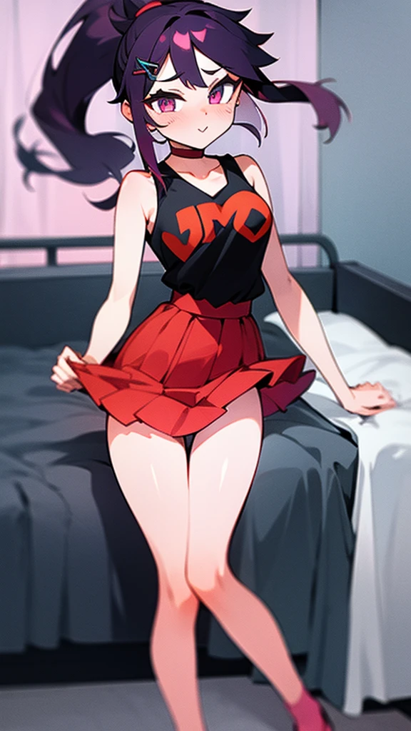 High tail hairstyle, Ponytail hairstyle, Long wavy black hair, standing posing, anime girl style, pixel art anime style,penetrating look with deep eyes,red and purple eyes, hair with a ponytail hairstyle trapped with a big red bun, women, red hair clips, x color shaped hair clips , smiling face blush, next to his bed, Skirt, tank top, Black hair, big thighs, NSFW, Skirt fluttering in the wind, perfect panty, look down, camera looking from bottom to top, viento levantando su Skirt haciendo que se le vea el panty, hands in fist behind her, viento moviendo su Skirt, Skirt levantada 