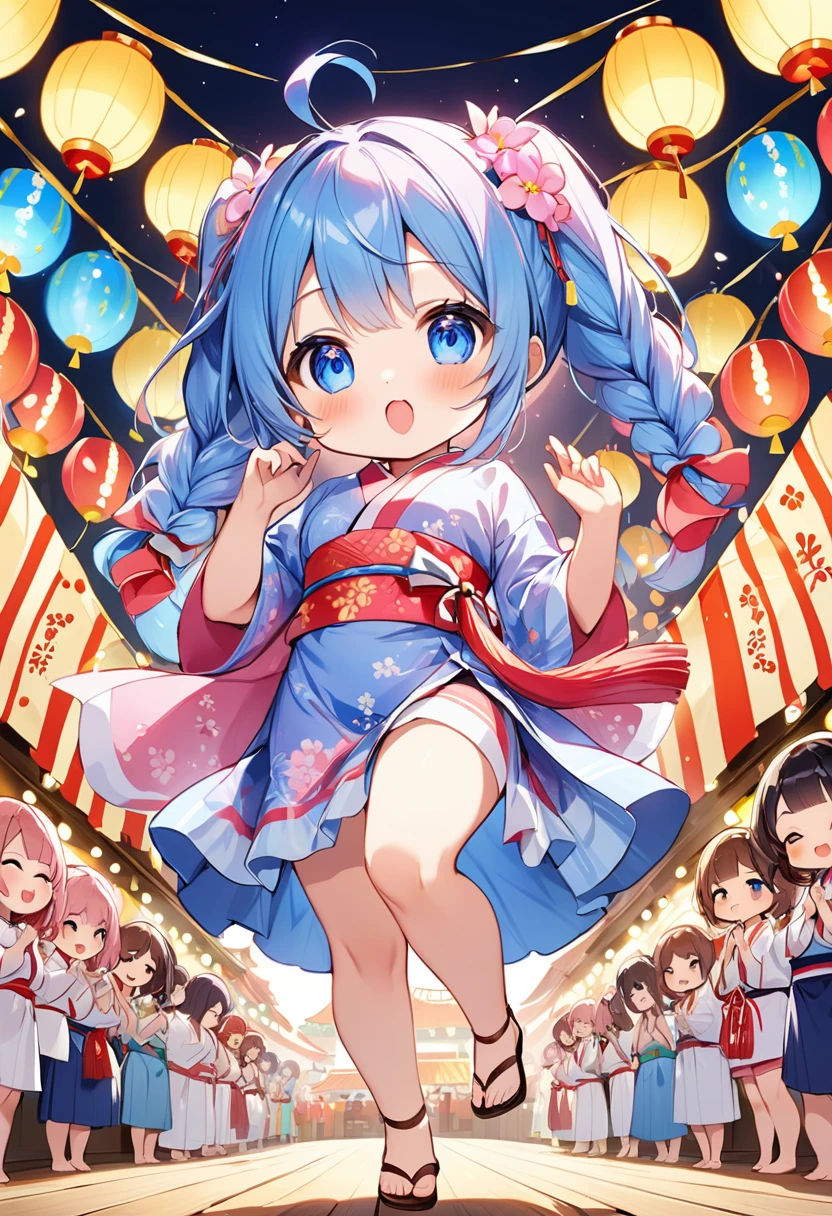 Highest quality、High resolution、Detailed Background、Beautiful face in every detail、Anatomically correct、Detailed facial expressions、fine grain、((full body, from below:1.8, side shot)), break ((One Girl:1.2)、(Chibi Girl:1.2))、Cute hair color、Big beautiful blue eyes、Fuller lips、Pink Lips、Braided twin tails、Ahoge、(Dancing at the Bon Odori festival in the summer:1.2)、(Cute Yukata、Cute sandals)、break ((Sitting on the floor:1.2))、((Place your hands in front of your chest:1.2))、Holding a large candy apple、Holding a large cotton candy)、(Eyes closed:1.2、I'm tired and about to fall asleep:1.2)、Sweat、break (The background is a shrine at night、Lanterns lined up、Drums on top of the tower、Bon Odori Contest、Many people in yukata walking、full moon)、
