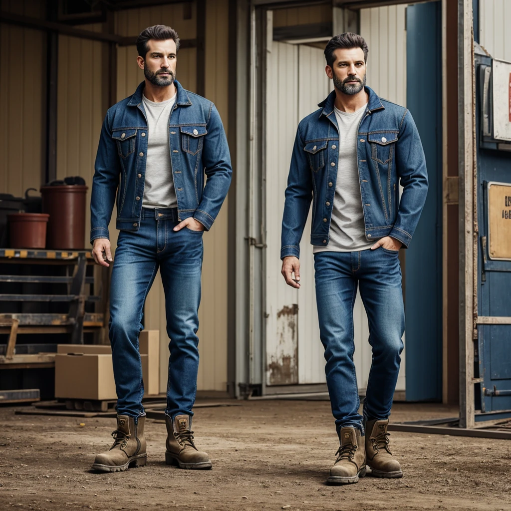 A man, in jeans, work boots, a jacket, realistically, standing upright