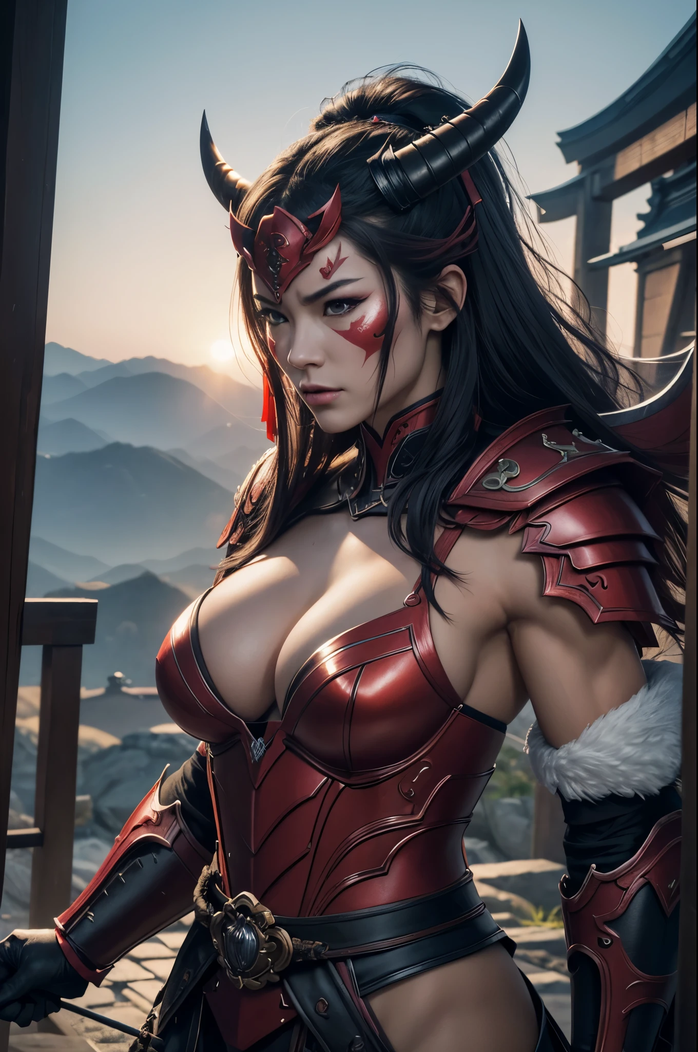 8k,(Samurai)、Devil Mask、Super Beauty(Like the real thing)、Red Armor Solo Adult Devil Woman、Muscular macho body type,Super Muscular Beauty,Bodybuilding,(Equipped with a long and large spear)、Mature Woman Big Woman Devil。Sturdy jaw(Like the real thing),Stand facing forward,Demon Armor,A wonderful work of art,((Kyoto Panel Style))、Wind effects:1.9、Cloud effect:1.2、Full Rendering,Devil makeup,masterpiece,Photorealistic RAW photos of the highest quality。Bright colors,Rich colors, Backlight, Cinema Lighting, Film Grain, 50mm lens, Nikon D850,Ultra-Realistic Skin,Fantasy art,Character Art,Ultra-high resolution,Realistic scale skins,Perfect hand shape,View your viewers,View your viewers,Top-down view,close,Uplifting,Dynamic fighting pose,Sexy chest,Cleavage close-up,