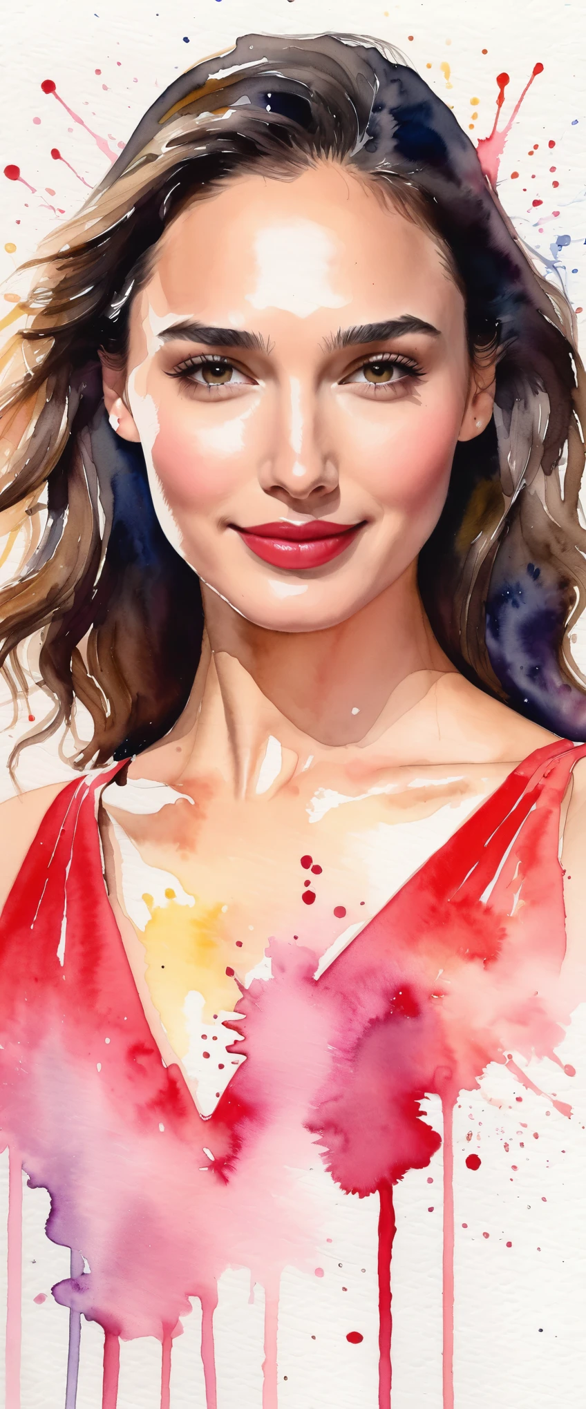 masterpiece,Gal Gadot watercolor,(Watercolor splashes、Oozing、Blurry、Blotting、Effective use of fading techniques),(smile)