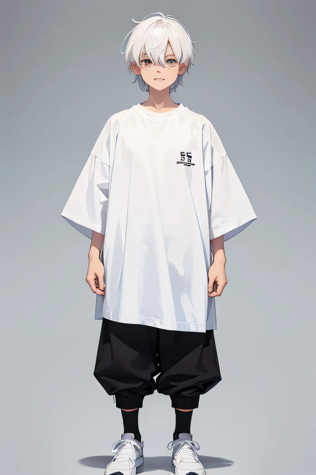 Please draw a full-body illustration of a 10-year-old androgynous, white-haired boy standing wearing a large, white T-shirt.。Androgynous face with dark circles under the eyes、Look sick。He is laughing a little nervously.。 Her hair is a short mash that reaches down to her ears.。Dressed in an oversized white T-shirt、Black trousers、Wearing sneakers。The illustration style is anime-like and has no background.