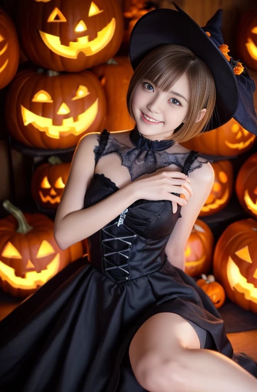 ((from below),a 25 years old girl, detailed cutie face, beautiful detailed eyes, detailed dropped eyes, beautiful charming smile, extremely detailed face,slender body,short hair,anime style, halloween costume:2.0), Hires fix,colorful lights, pumpkin decorations, haunted house, best quality, 4k, highres, masterpiece, realistic, photorealistic, photo-realistic, vivid colors, intricate details, fantasy, soft lighting, magical