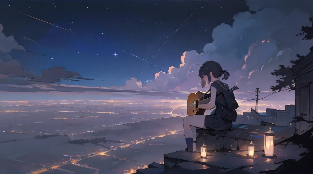 masterpiece,night,(dark alley),star、Night Sky、Overlooking the city、milky way、Back view、octone、
(1 girl), (solo), Knee hugging sitting,acousticguitar