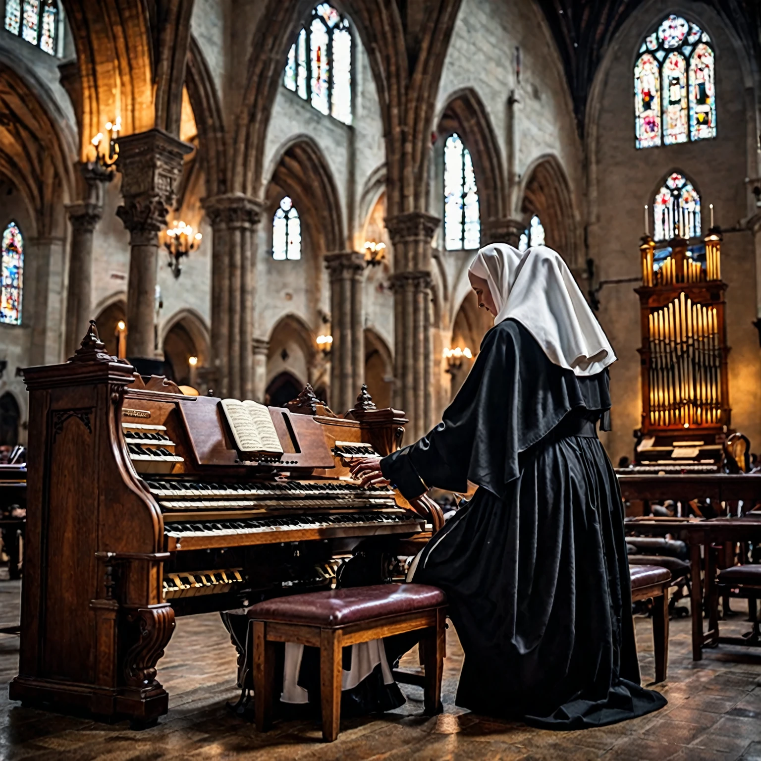 cyber punk、Photo focused on nuns, indoor, Realistic landscape, (Android:1.1),  Playing the organ, pipe organ, music, close, arch, Chair, Nun&#39;s clothing,  Very wide shot, Character Photography Portrait, movie, Professional, 4K, Very detailed, 