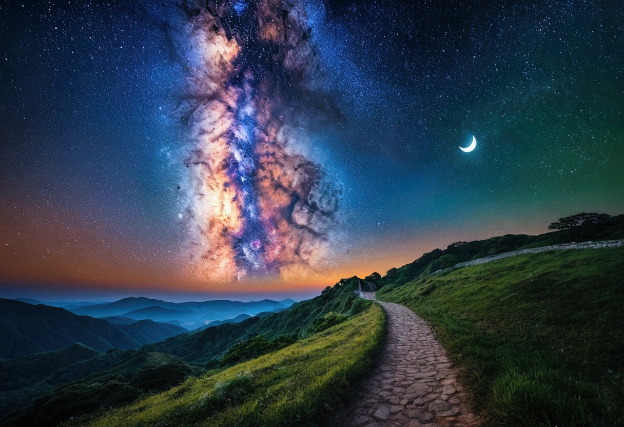 masterpiece、Highest quality、Being in the sky、Night Sky、star、たくさんのstar、A large Milky Way is depicted、moon、You can't see the ground、Fantasy、Fantasy、Different world、colorful、