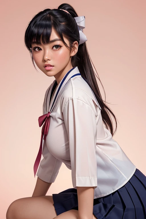 masterpiece, best quality, cinematic, photorealistic, ultra-detailed), (1girl, female Japanese student), (wide shot, from the front:1.4), (wearing a Traditional seifuku with a navy blue skirt and white blouse:1.5), (natural black hair, high ponytail tied with a simple ribbon:1.2), perfect hands, perfect face, (tall height, wide hips, long round legs, sexy legs, round ass), (massive natural soft tits), (hazel eyes, soft and shimmery eyeshadows, detailed pupils, defined eyelashes), (blushing, slightly parted lips, nude pink lips:1.2), (gradient background:1.3), (crouching seductively:1.4)