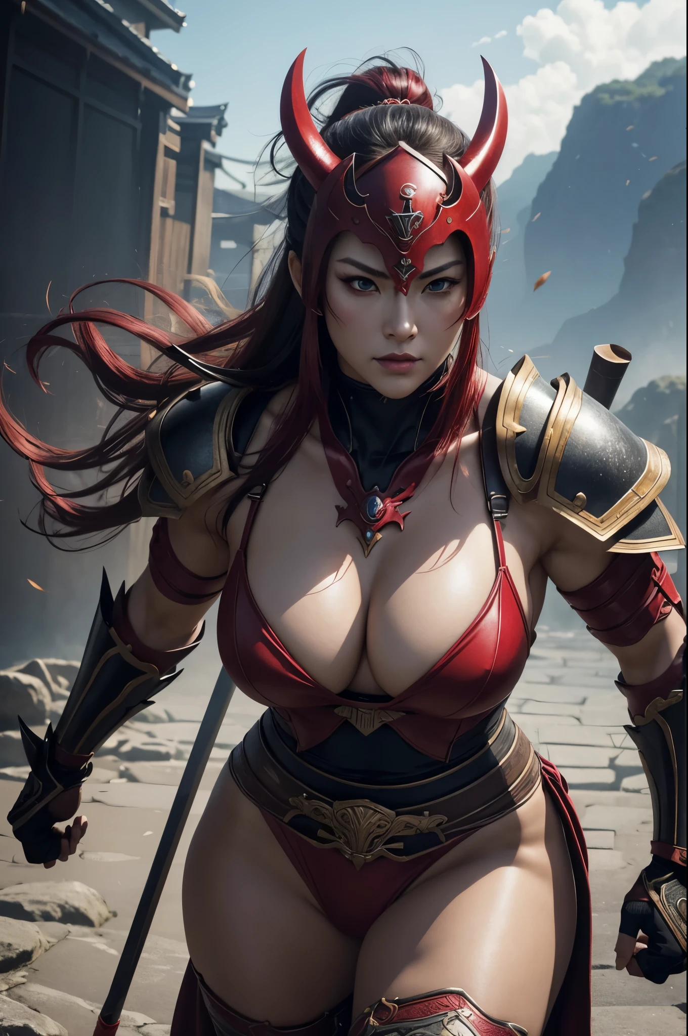 8k,(Samurai)、Devil Mask、Super Beauty(Like the real thing)、Red Armor Solo Adult Devil Woman、Muscular macho body type,Super Muscular Beauty,Bodybuilding,(Equipped with a long and large spear)、Mature Woman Big Woman Devil。Sturdy jaw(Like the real thing),Stand facing forward,Demon Armor,A wonderful work of art,((Kyoto Panel Style))、Wind effects:1.9、Cloud effect:1.2、Full Rendering,Devil makeup,masterpiece,Photorealistic RAW photos of the highest quality。Bright colors,Rich colors, Backlight, Cinema Lighting, Film Grain, 50mm lens, Nikon D850,Ultra-Realistic Skin,Fantasy art,Character Art,Ultra-high resolution,Realistic scale skins,Perfect hand shape,View your viewers,View your viewers,Top-down view,close,Uplifting,Dynamic fighting pose,Sexy chest,Cleavage close-up,