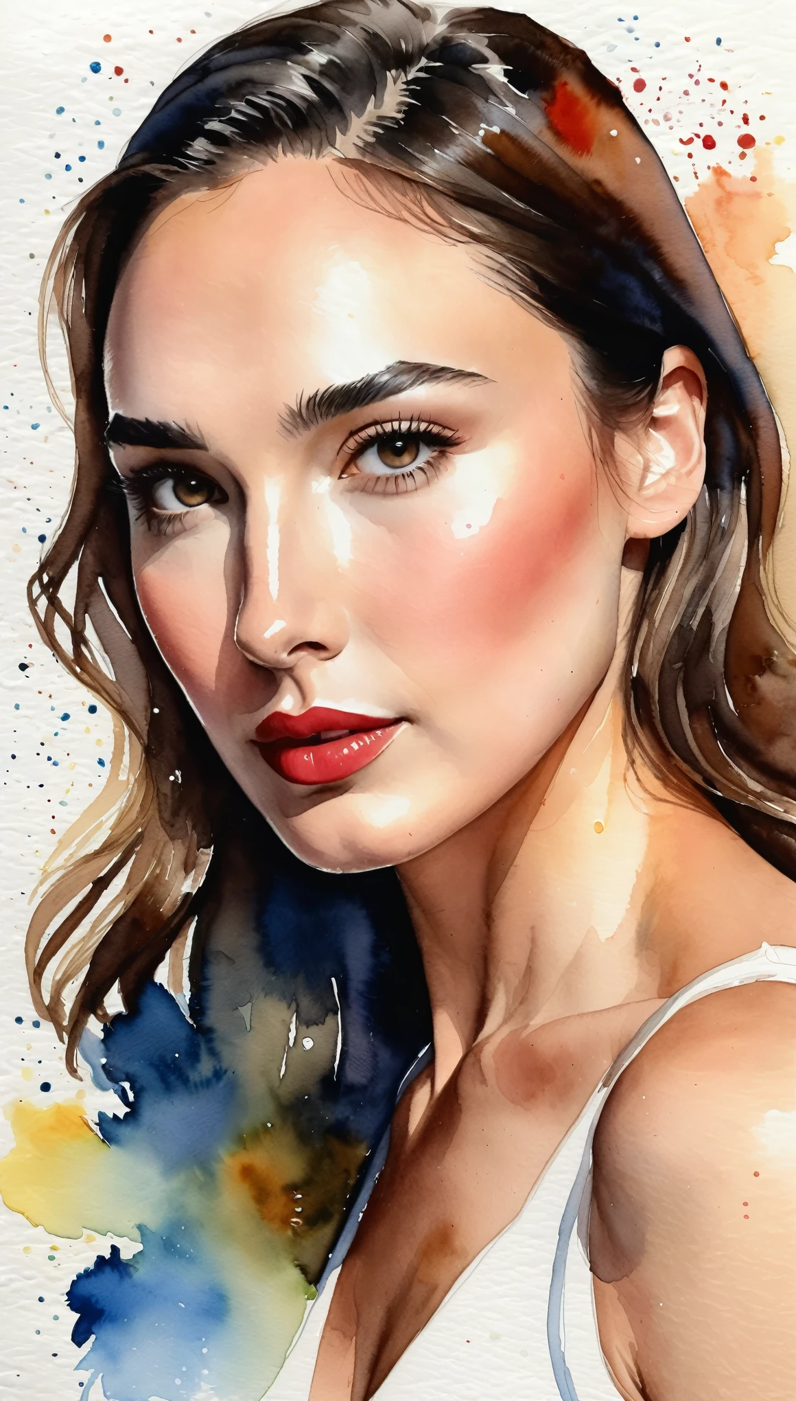 masterpiece,Gal Gadot watercolor,(Watercolor splashes、Oozing、Blurry、Blotting、Effective use of fading techniques),(cool)