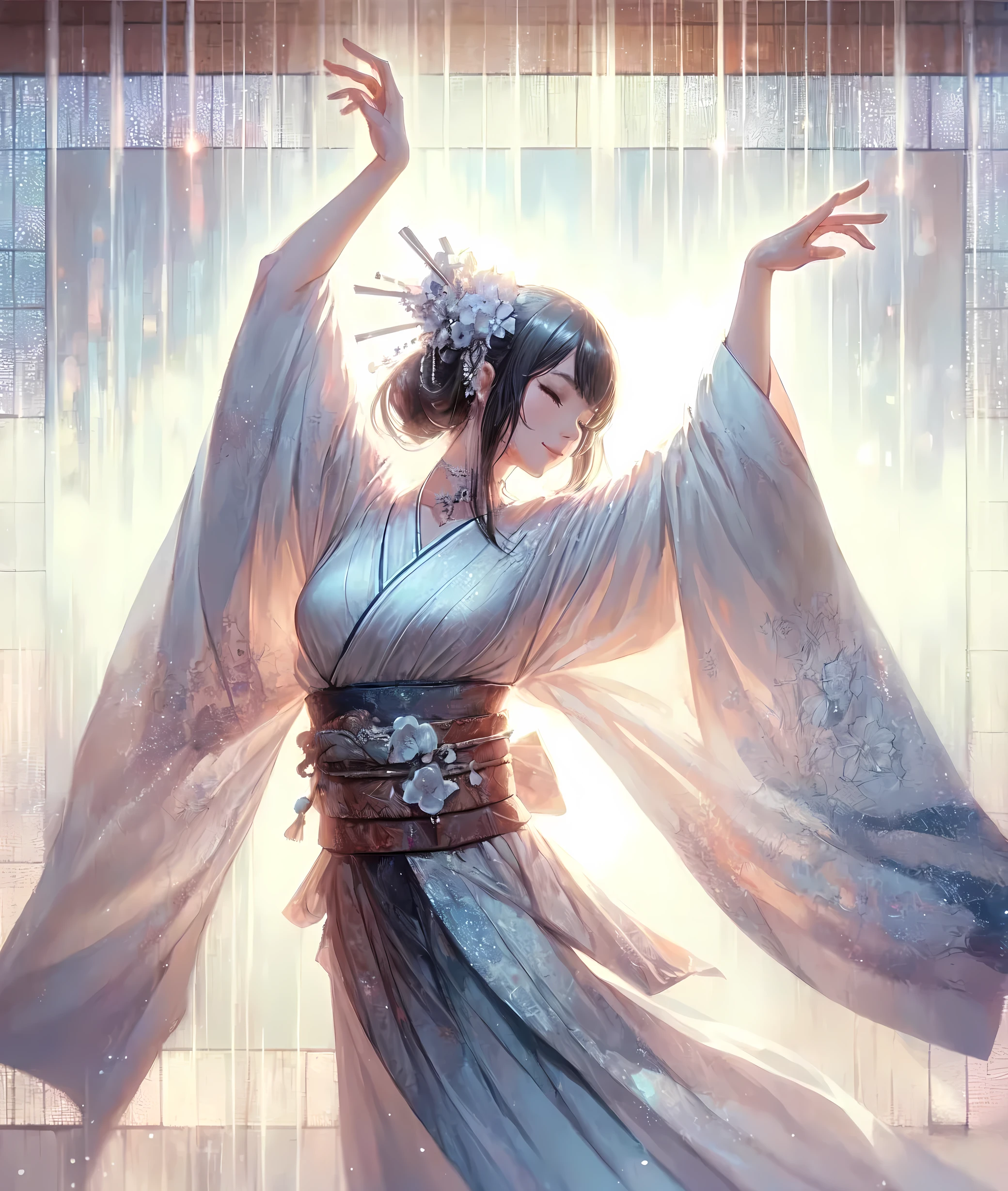 1lady solo, dancing, (gracefully posing), (both arms raised above head), (standing on one leg), stylish outfit (traditional and refreshing attire), (mature female:0.6), /(light black hair/) bangs, light smile (eyes lightly closed:1.1), (masterpiece best quality:1.2) delicate illustration ultra-detailed, large breasts BREAK (serene stage) indoors, sacred atmosphere, soft lighting, detailed background