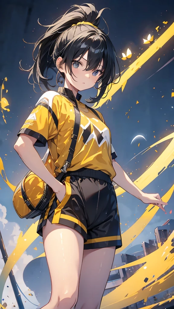 Yellow and black shorts and jersey、Black hair ponytail、boyish、Aliang々Wood Fire、Bee on background