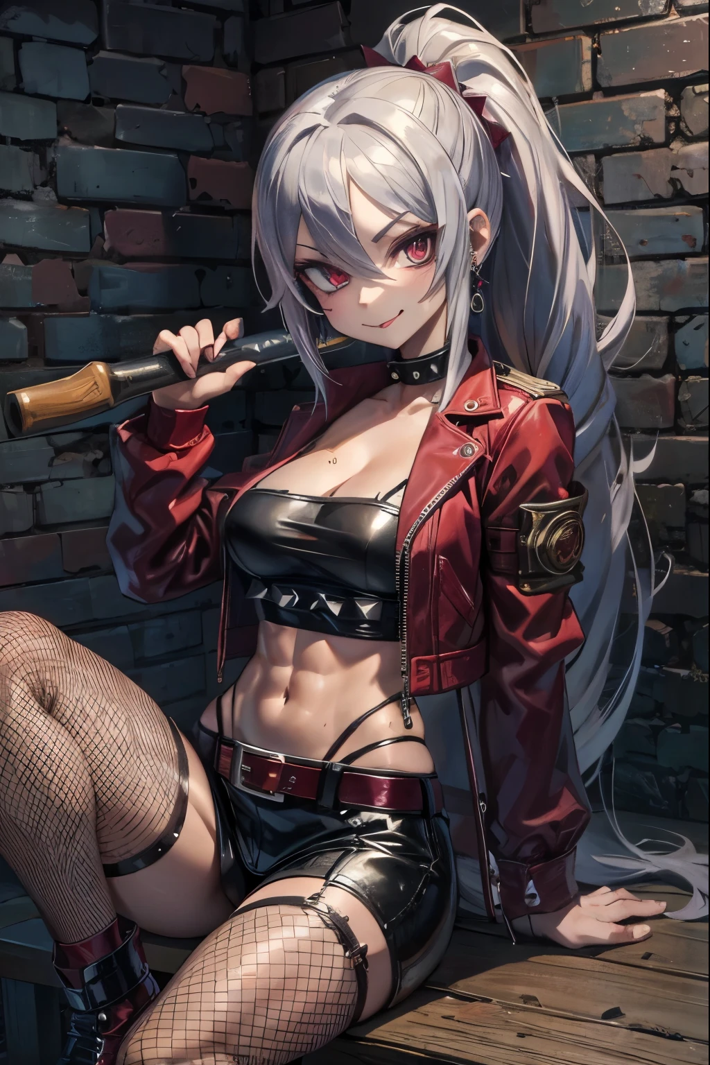 Highest quality, masterpiece, Ultra-high resolution, One Mature Woman,human,Wine red jacket,hot pants,Fishnet tights,Spikes,Carrying a baseball bat,Provocative smile,Chopper Bike,Earrings,Harlake Inn,Midriff look,Small breasts,Silver Hair,belt,Rugged buckle,Toned body,tall,Sit in a wooden box,Brick back alley,front,Long Tongue,Long beautiful legs