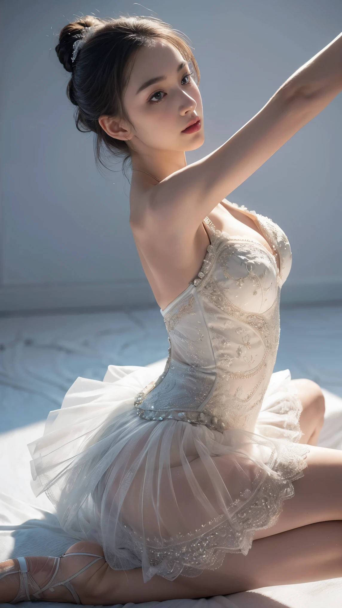 Masterpiece, best quality, detailed, 8k, (extreme close-up:1.0) a delicate and graceful potrait of a ballerina in mid-pose. (She is dressed in an elaborate white tutu adorned with intricate beadwork and delicate lace, reminiscent of a swan). (big breast:0.5), (plumpy), (cleavage). Her posture is elegant, (stand pose). The background is minimalistic, emphasizing the serene and focused expression of the ballerina. The lighting is soft and even, highlighting the purity and elegance of the scene.(dynamic pose:0.8)
