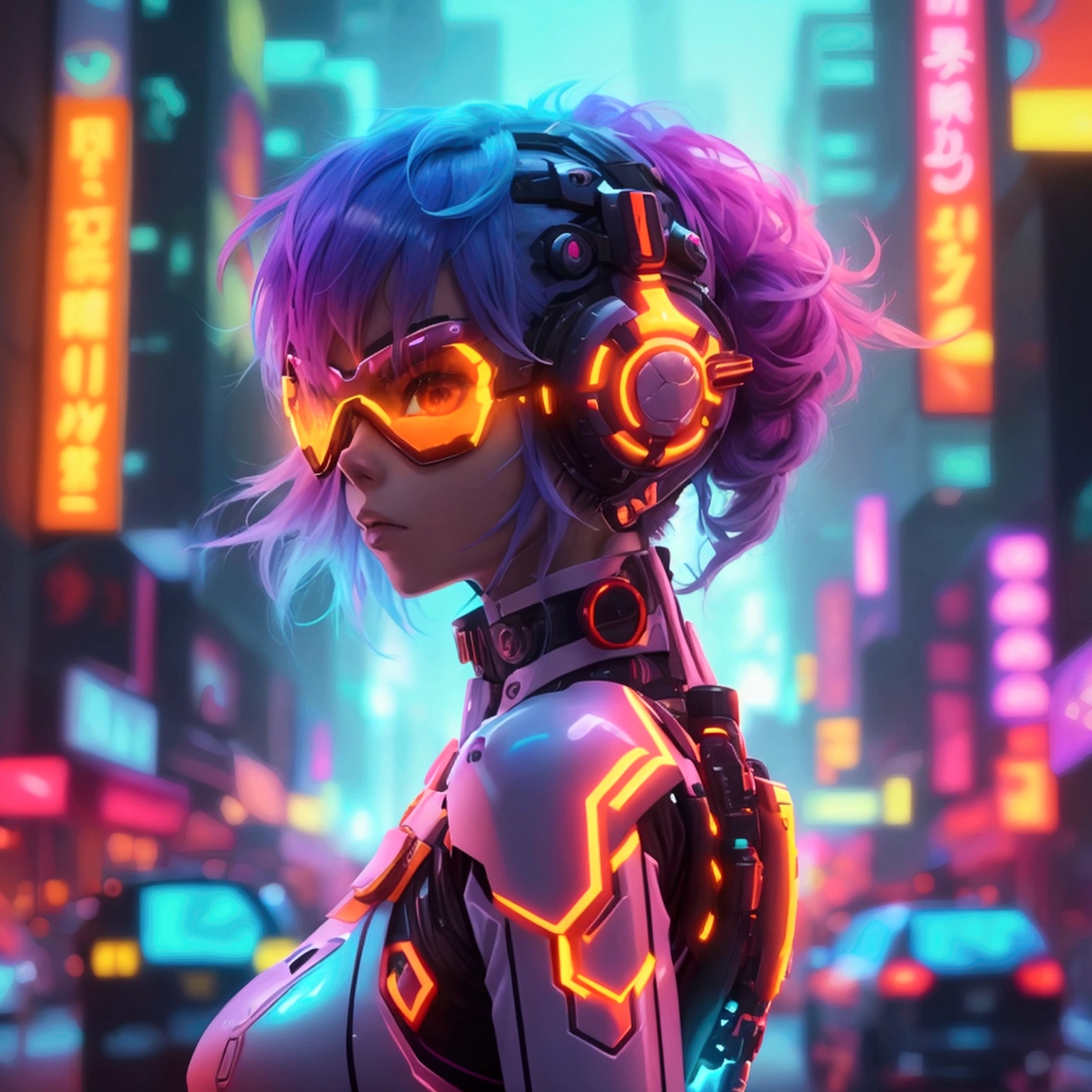 Create a high-quality digital artwork featuring a futuristic anime character. The character should have vibrant, neon-colored hair and attire with glowing tech accessories. Set the scene in a sleek, cyberpunk cityscape with towering skyscrapers and neon lights. Include intricate details and dynamic elements to highlight the character’s unique traits and advanced technology. The overall style should be modern and eye-catching, blending sci-fi aesthetics with anime flair. Ensure the character’s pose is striking and full of energy, reflecting a sense of motion and excitement.