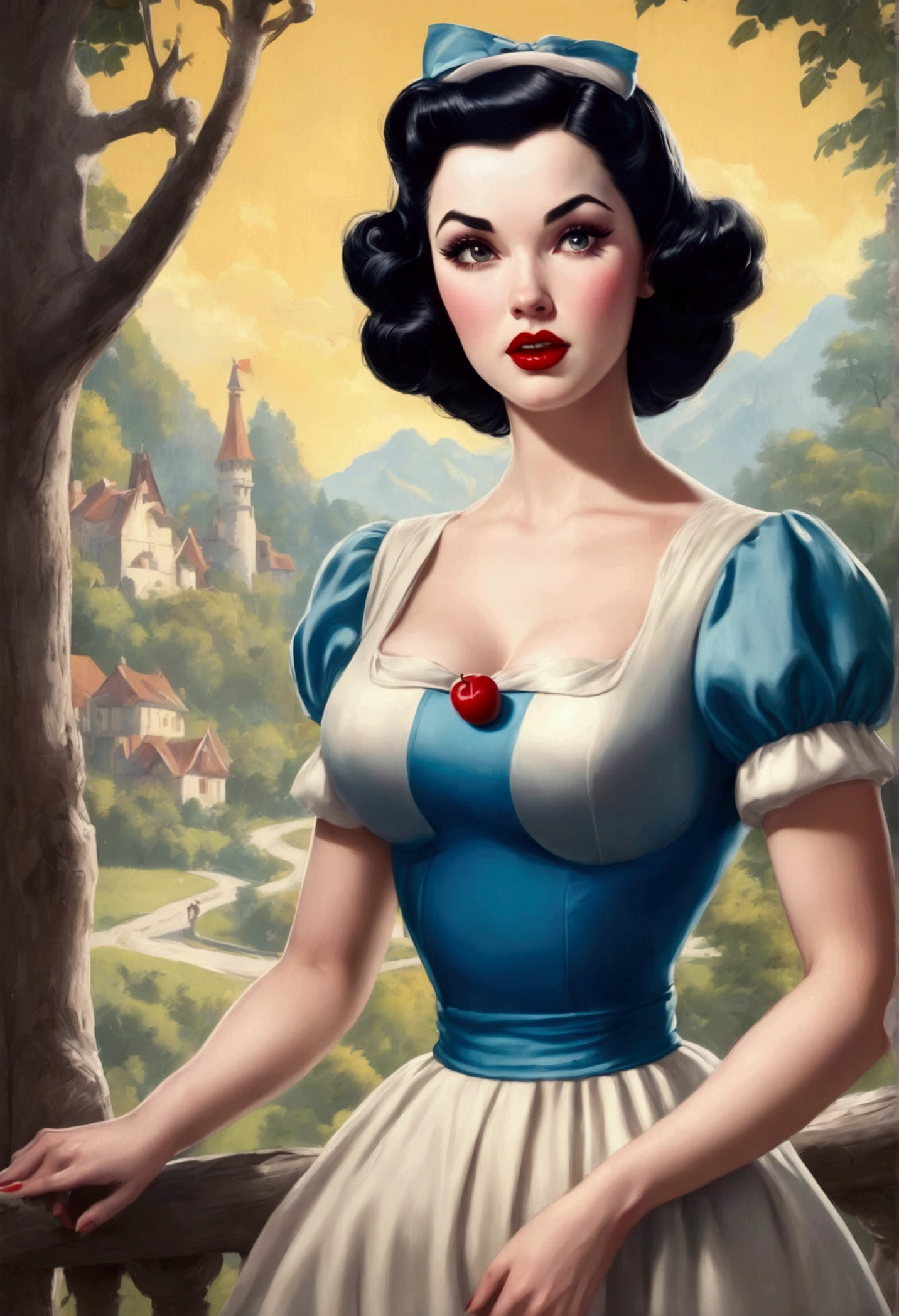 a close up of a cartoon of a woman in a dress, snow white, pinup art, portrait of snow white, pinup, pinup girl, girl pinup, pin up, pin up girl, beautiful retro art, pale snow white skin, pin - up, pin-up, pin-up poster girl, pin - up girl, comic pinup style, pinup pose