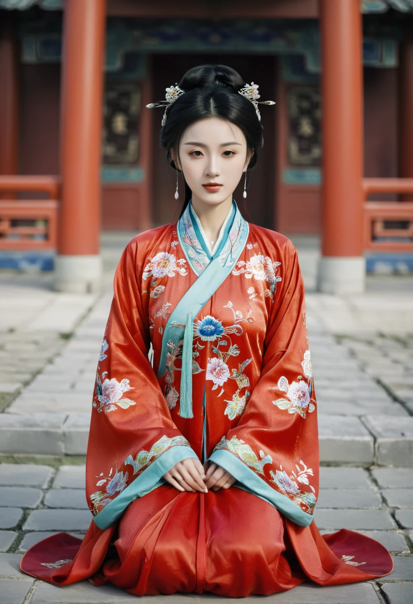 A woman seen from the front, sitting facing forward with her legs apart. A 20-year-old Qing dynasty empress in the Chinese imperial court during the Qing dynasty. The empress is wearing a red Manchu outfit with a floral pattern and is open at the front, revealing her chest, lower abdomen, thighs and feet.。She is wearing no underwear, and her large breasts are exposed, right down to her bare stomach. Her hair is tied up and pulled up, and the background is the stone pavement of the Chinese palace of the Qing Dynasty.