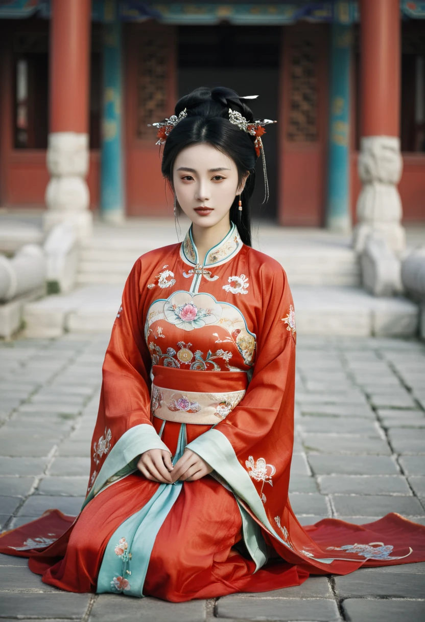A woman seen from the front, sitting facing forward with her legs apart. A 20-year-old Qing dynasty empress in the Chinese imperial court during the Qing dynasty. The empress is wearing a red Manchu outfit with a floral pattern and is open at the front, revealing her chest, lower abdomen, thighs and feet.。She is wearing no underwear, and her large breasts are exposed, right down to her bare stomach. Her hair is tied up and pulled up, and the background is the stone pavement of the Chinese palace of the Qing Dynasty.