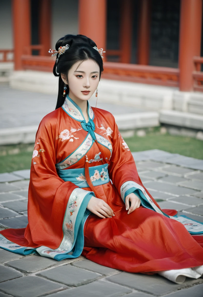A woman seen from the front, sitting facing forward with her legs apart. A 20-year-old Qing dynasty empress in the Chinese imperial court during the Qing dynasty. The empress is wearing a red Manchu outfit with a floral pattern and is open at the front, revealing her chest, lower abdomen, thighs and feet.。She is wearing no underwear, and her large breasts are exposed, right down to her bare stomach. Her hair is tied up and pulled up, and the background is the stone pavement of the Chinese palace of the Qing Dynasty.